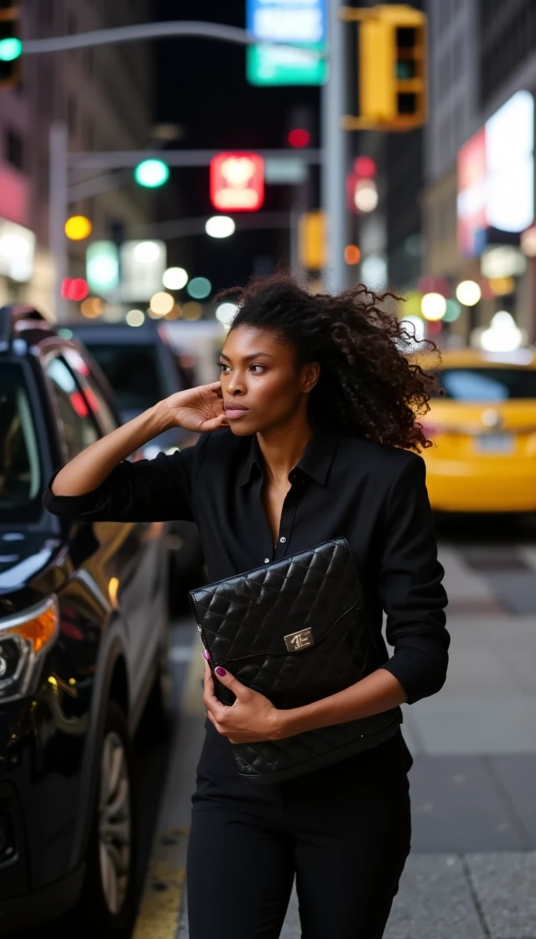 Street Corner Dash
Shot on Sony A9 III, 70-200mm f/2.8, ISO 3200, 1/500 sec. Model rushing to black SUV, Bottega clutch covering face. Motion blur from movement, flash catching hair mid-flow. Light olive brown skin showing natural reaction to flash - slight shine on forehead. Multiple light sources: street lamps, car headlights, camera flashes creating chaotic lighting pattern. Background: blurred NYC street signs, yellow cabs.
 CSTMDL