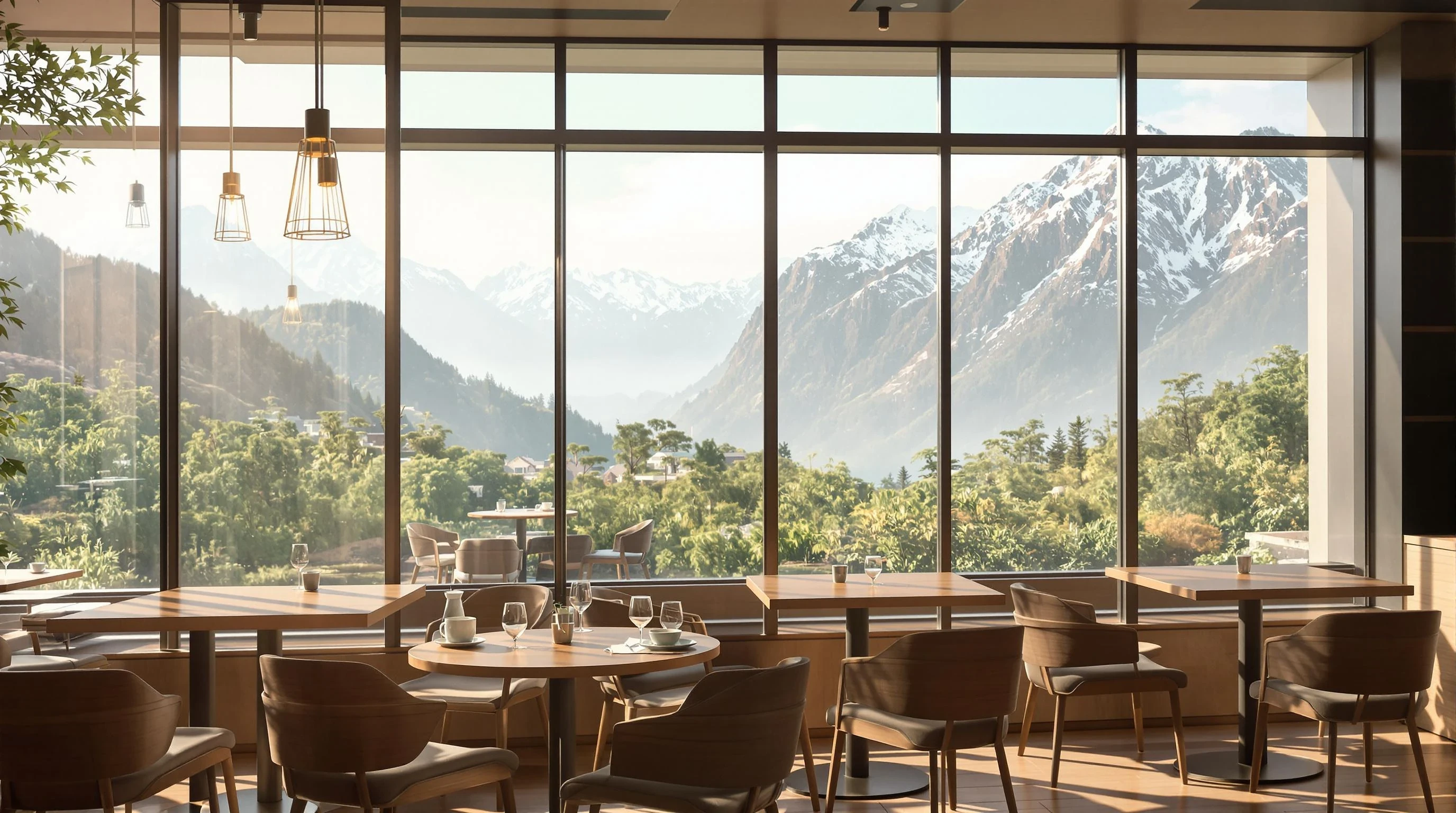 "A cozy modern café interior with wooden tables and warm lighting, large floor-to-ceiling glass windows overlooking a peaceful mountain landscape. Soft morning light coming through the windows, subtle reflections on the glass. Minimal decoration, elegant and calm atmosphere. Photo-realistic, cinematic, 4K quality. Space on the right for text overlay."