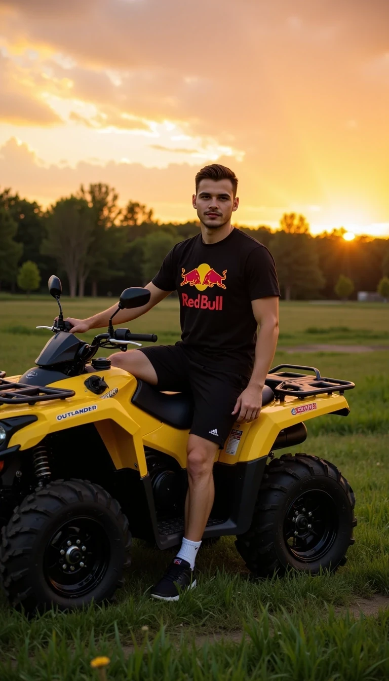 Photorealistic full-body photo of a young handsome man, he wears redbull t-shirt, black shorts, black sneakers, He is sitting on a Can Am Outlander quad bike, the setting is a meadow, with trees and a sunset in the background.


Lifestyle influencer aesthetic, cinematic realism, ultra-detailed, 8K
The photo feels cinematic, influencer-style, high quality, professional composition.
Well lit picture, Style: Photorealistic Lighting: studio lighting 
Details: Bright Lighting, High Detail, 4K
he stand infront of camera , photoghraped by a photograph
