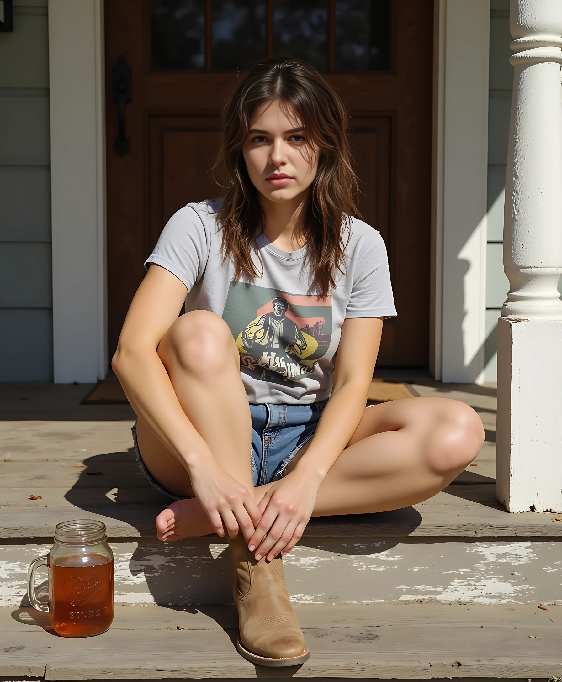 CSTMDL 130 pounds with sun-warmed skin and a soft, athletic build, sits casually on the edge of a weathered wooden porch, pulling on a dusty cowboy boot. One leg is bent at the knee, the other stretched down barefoot, toes resting lightly on the sun-bleached steps. She wears a faded vintage graphic tee and frayed cut-off denim shorts that hug her hips comfortably. Her braid falls loosely over one shoulder, a few strands escaping to catch the light.

She looks directly at the camera with a quiet, unfiltered expression—brows slightly drawn in focus, lips parted as if mid-thought. The gaze is steady, intimate, and present—grounded yet subtly magnetic. Beside her, a mason jar of sweet tea catches the morning sun, with condensation trailing down the glass. The porch boards are richly textured with faded paint and deep grain, casting soft, broken shadows across her legs and shirt.

Captured with a 35mm lens at medium distance for a slightly wider, more personal frame. Natural mid-morning light creates gentle warmth and detailed skin texture. Editorial realism with photorealistic finish—focus on tactile materials: wood, denim, cotton, skin. 4:5 vertical portrait. The tone is relaxed and authentic with a hint of personal connection—classic country intimacy for Fanvue.