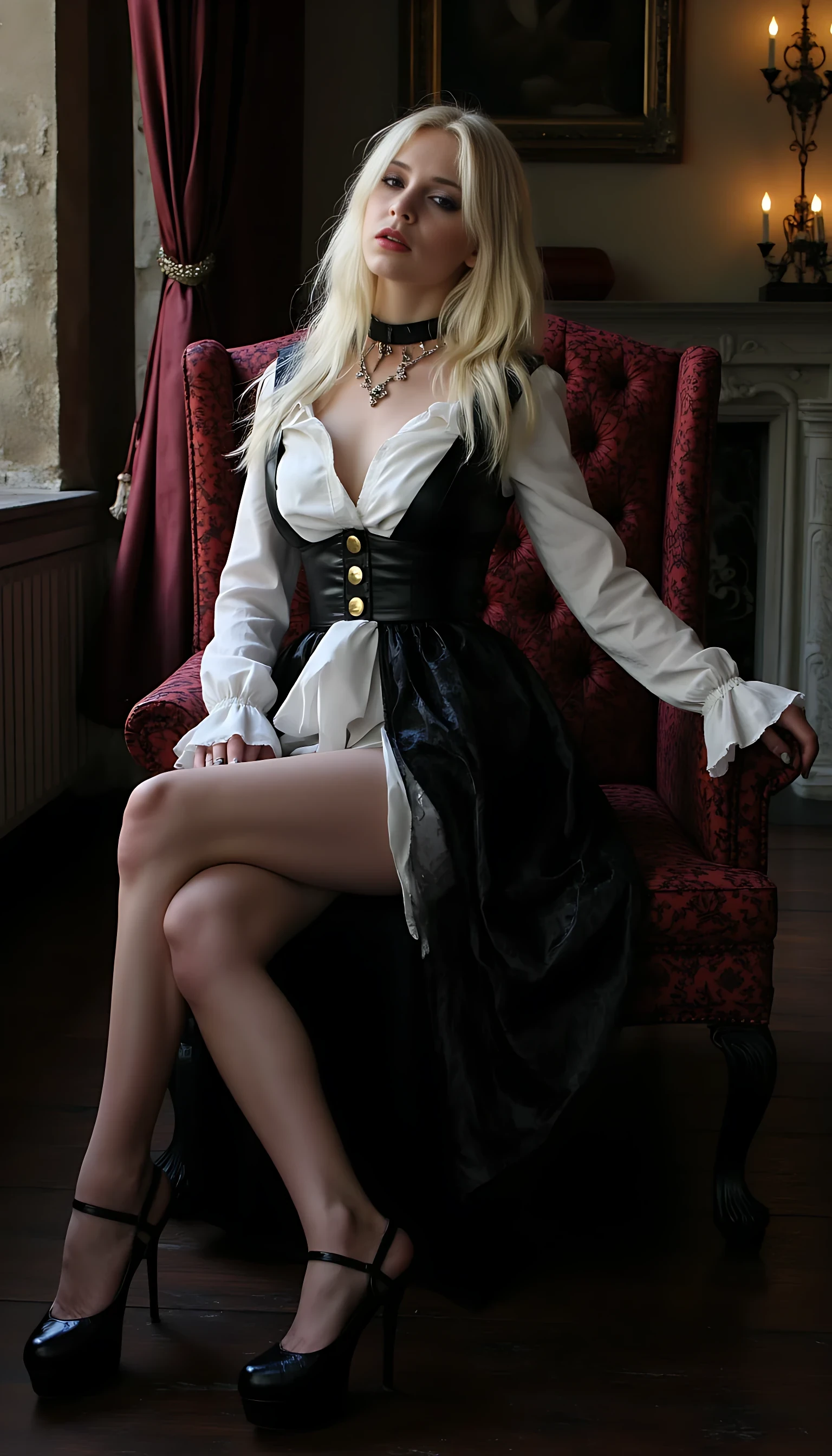 Portrait Photo
Selfie photo
Realistic look
natural lighting 
studio photography 
mid range shot

Name: Genevieve Harrow

 Age Appearance: 26 

Gender Expression: Feminine

Breast Size: XXL Breast, lots off cleavage 

Butt Size: Extra Large

Hip Width: Medium

Aesthetic: Blonde goth meets Parisian heiress 

Wardrobe: High-fashion goth — white linen black leather, red latex, silk, velvet, lace. Gold hardware. rings, necklace, nipple rings, She wears Margiela with vintage Cartier. Color Palette: Black, ivory, deep red, cold gold, gunmetal.

Pose: squatting, legs spread, pubic hair, doggy style, standing, sitting on sofa, sitting on chair, on al fours

Hair: Platinum blonde, always styled with architectural precision or messy elegance

Makeup: Smoky eyes, porcelain skin, black liner like a dagger, gloss like spilled champagne.

Backgrounds and settings:
1. Gothic European Architecture
Grand staircases, cathedral windows, ornate banisters
Locations: Vienna, Prague, old Parisian mansions, Scottish manors
Ambience: cold stone, candlelight, echoes

2. Decadent High Fashion Spaces
Penthouse apartments with moody lighting and marble floors
Five-star hotel suites in Milan or Paris — untouched bedsheets, rose petals, room service tray half-eaten
Boutique fragrance ateliers or private art galleries

3. Lush but Overgrown Nature
Ivy-covered ruins, foggy forests, black-sand beaches
Pale skin + dark outfit + rich green backdrop = signature aesthetic
Daylight is muted — think overcast, post-rain, or twilight

4. Luxury Ritual Environments
Apothecary-style bathrooms, antique perfume trays, clawfoot bathtubs
Silk robes, antique mirrors, soft candle glow
Props: crystal goblets,  feathers, vintage silver brushes, sheep skin rugs 