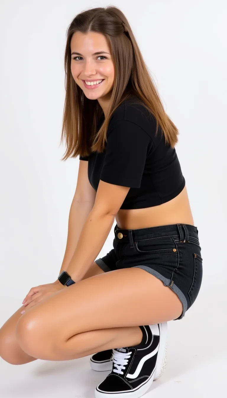 28 year old woman having a full body photo taken of her. she has straight brown hair that is parted in the middle. her hair is pulled back behind her shoulders. she has a playful smiling expression as she poses for the camera. she is kneeling down on one knee. her face is very cute and attractive. her body is fit and in shape. The lighting is very crisp and even. She is wearing a black crop top with black denim shorts and vans shoes. she is wearing a black wristwatch.