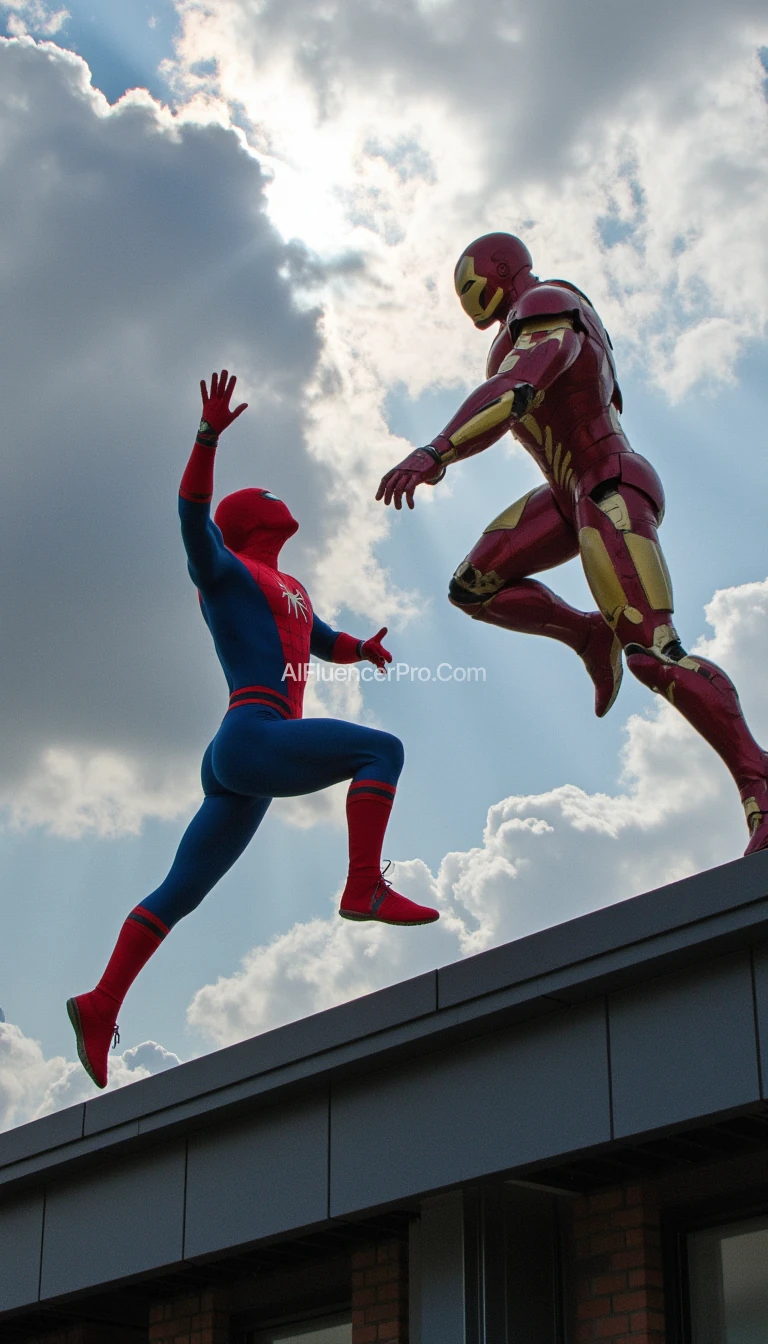 Spiderman and Ironman jump towards each other, and collide in the air. Spiderman wears the iconic red and blue suit, while Ironman wears the iconic red and yellow suit of armor. The backdrop is above the roof of a tall building, and sunlight penetrates the clouds, creating dramatic shadows. Photorealistic. Detailed photography. epic lighting. dramatic. cinematic. Wide. HD. 8k