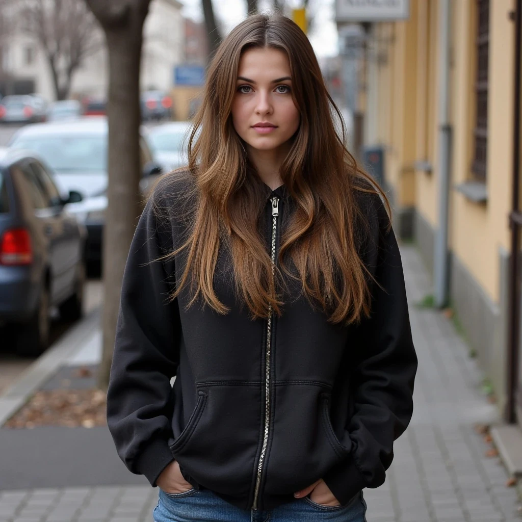 young 24 year old sexy Russian woman with brown hair and green eyes, big boobs, sexy ass, wearing tight jeans, a hoodie, has a warm smile, in a random place