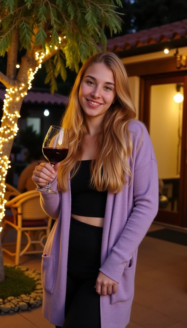 A full body shot photo of a woman standing outdoors at a cozy, warmly lit patio in the evening, with soft, glowing lights wrapped around a tree behind them creating a charming atmosphere. The image is rich in detail, with warm tones and clear textures throughout. The woman has fair skin, a slim build, and long reddish-blonde hair, also worn loose. She is smiling warmly at the camera, holding a glass of red wine in her right hand, and wears a soft-textured lavender cardigan over a black top. The background features a large tree with sparkling string lights wrapped around its trunk and branches, adding a magical touch to the scene. The setting suggests a private outdoor seating area, with elements like terracotta-tiled roofing, greenery, and rattan chairs contributing to a serene, inviting vibe. The overall composition is balanced, with the woman framed against the softly glowing tree, and the lighting enhances the warm, intimate feel of a quiet evening shared among friends. The details are vivid, with textures of clothing, skin, and background elements clearly visible, while the warm lighting creates a relaxed and joyful mood
