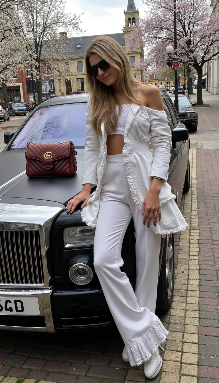 boring low quality snapchat photo circa 2015, leaning against a roll royce, on the hood is a gucci bag, she is wearing a full gucci outfit, the location is somewhere in Amsterdam
