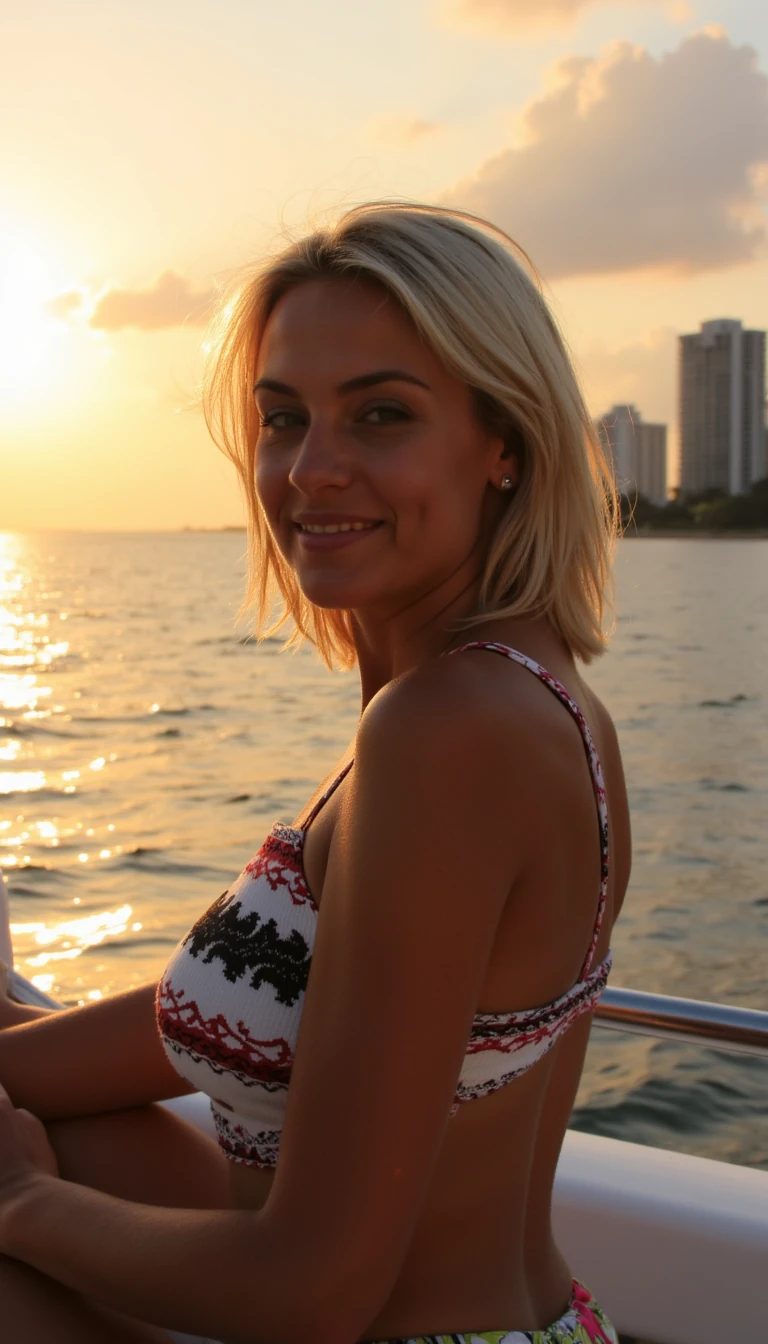 generate a photo of a blonde woman on a yacht with the background being miami during a sunset, do not blur the background. make the women's face look like the seed that was provided in the prompt