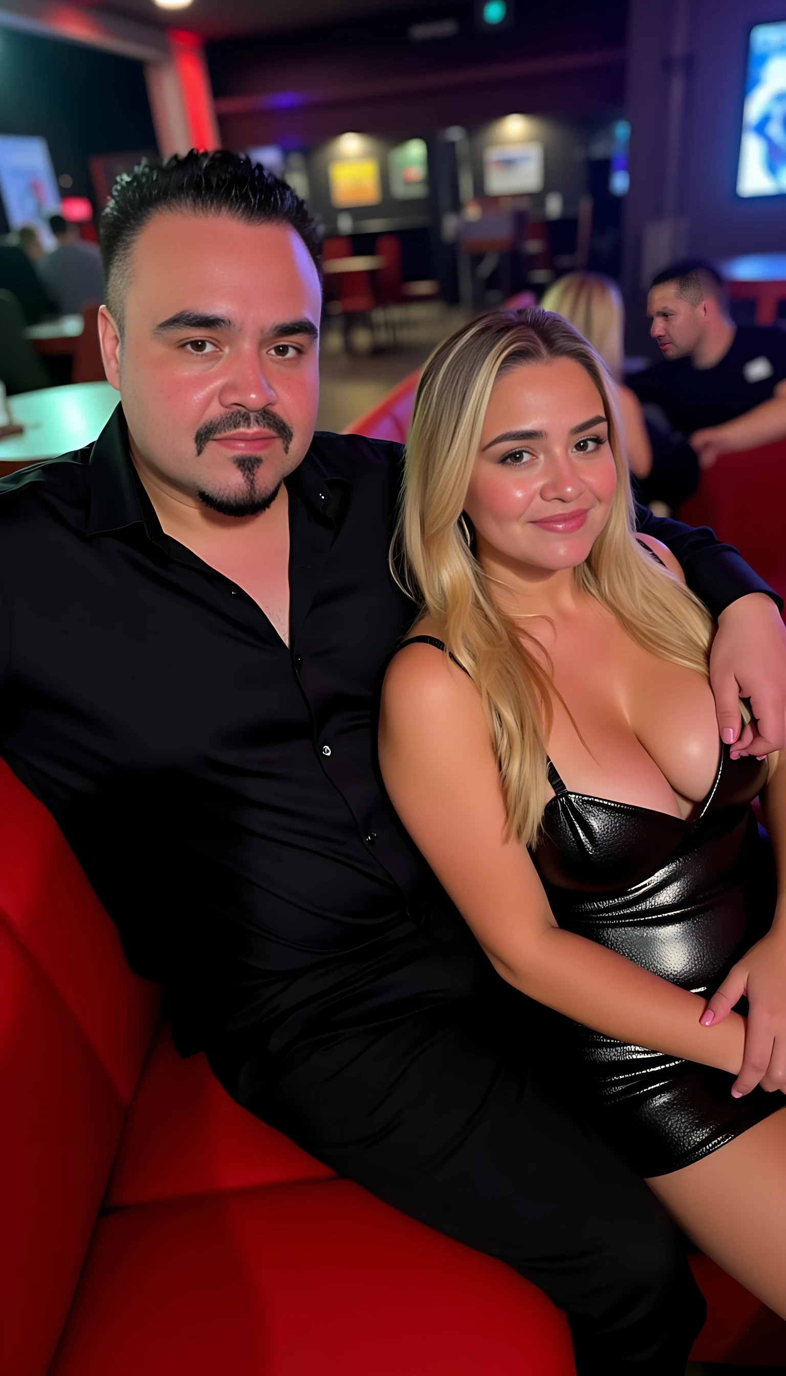 full man body wearing a   black armani shirt   Seating on a sofa a 2 beautiful  blonde woman with blue eyes and curvy body in sexy dresses in a nightclub background 
