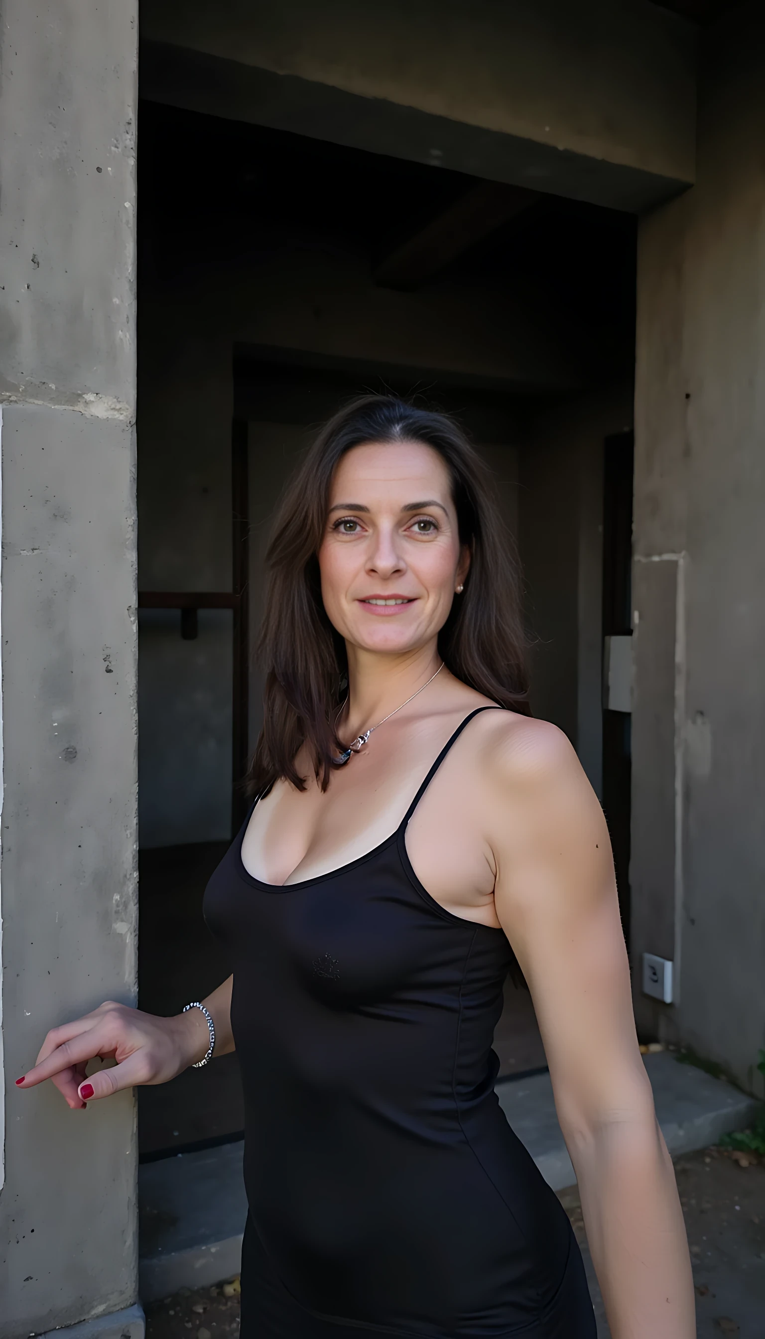 photo of woman CSTMDL, High-angle photograph black wavy hair with a compassionate expression, dressed in a minimalist outfit, standing against the backdrop of heavy concrete fortifications with board-formed walls, illuminated by moody backlighting that accentuates her fiery locks, shot in a gritty, high-fashion style, with a muted color palette and pronounced film grain that adds a layer of texture to the Brutalist landscape. and dark horror feeling