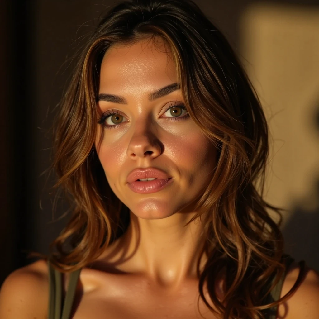 A hyper-realistic portrait of a confident woman with glowing skin, styled hair, and striking eyes. She is wearing a fitted top with a flattering neckline, subtly highlighting her curves. The photo is framed from the shoulders up, capturing her with a confident pose and a soft, alluring expression. The lighting is warm and cinematic, giving her skin a radiant glow. The style should be sharp, realistic, and Instagram-ready, perfect for a profile picture that looks both sexy and classy.
