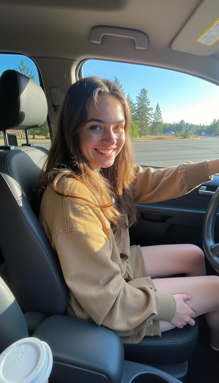 boring low quality snapchat photo circa 2015, A young woman with a warm smile, sitting in the driver's seat of a cozy car. She has soft, wavy brown hair cascading past her shoulders. The sunlight streams through the window, casting a gentle glow on her face. The interior of the car is neat and comfortable, with a coffee cup in the cup holder and a small plant on the dashboard. The background outside the window shows a scenic road lined with trees and blue skies