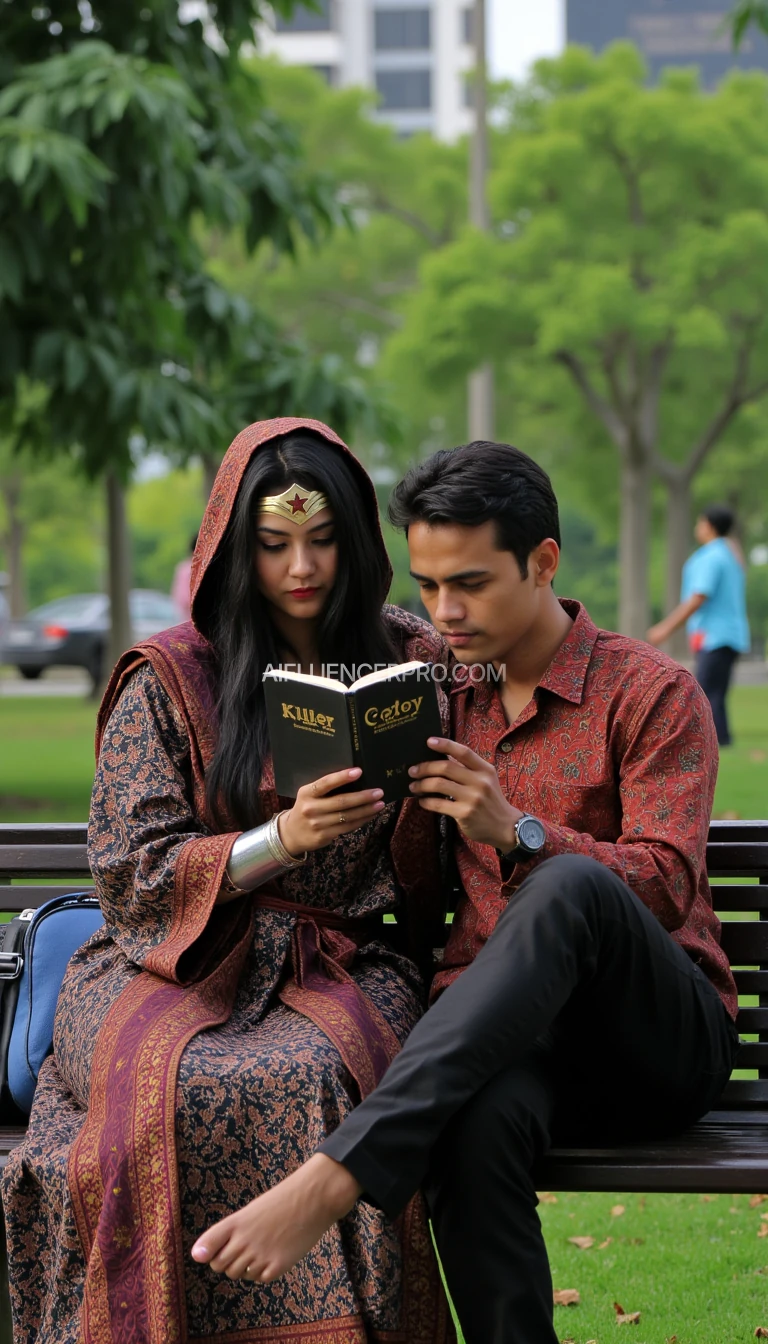 Photorealistic image of Wonder Woman wearing a hijab, robe and batik sarong, sitting on a bench in a city park, and leaning comfortably on the shoulder of her boyfriend next to her who is wearing batik and black trousers, while reading a book. On the cover of the book, the words "Killer Copy" are written very clearly. The background is a green city park with an Indonesian feel.