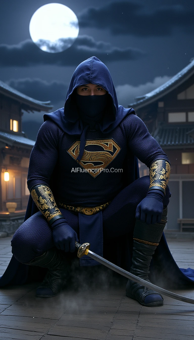 Superman in a ninja appearance, wearing a dark blue costume with intricate golden embroidery inspired by Japanese designs on the arms and chest, featuring his iconic 'S' emblem prominently displayed on the chest in gold. His cape seamlessly integrated into the costume, designed for stealth. Superman is crouched low in a dynamic battle-ready stance, one knee bent deeply while the other leg stretches back for balance. One hand tightly grips a katana sword positioned diagonally, ready to strike, while the other forms a defensive clenched fist. His sharp, focused gaze reflects determination. The background features a traditional Japanese village at night with a full moon glowing brightly and thin mist weaving through the scene, adding an air of mystery and intensity.