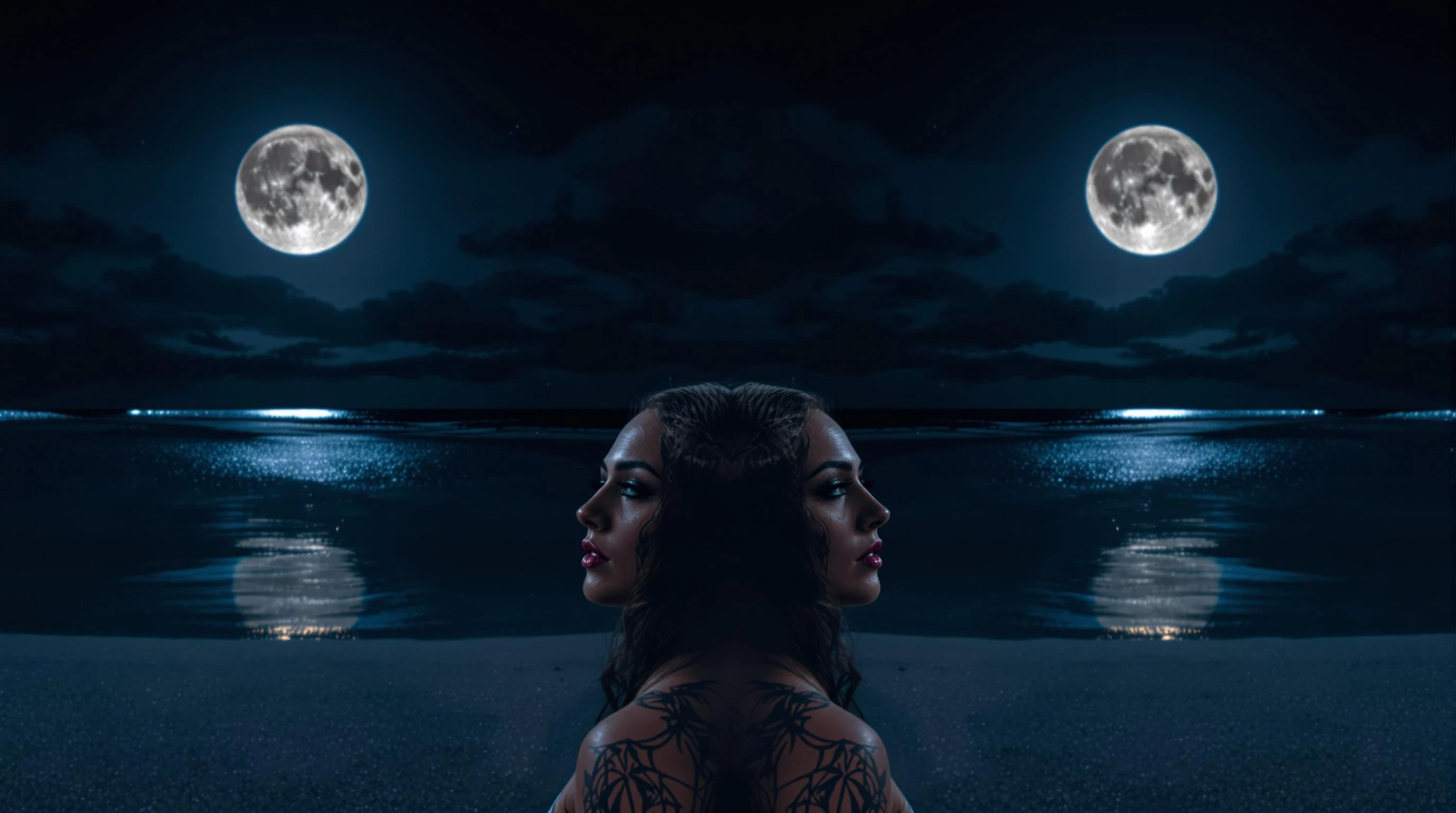 A stunning symmetrical image of a woman with tattoos looking sideways, set on a dark tropical beach at night. Strong moonlight and neon reflections. Mirror effect (left/right) to create balance. Empty space in the center for a logo overlay. Mystical, powerful, TrapNation-inspired.
