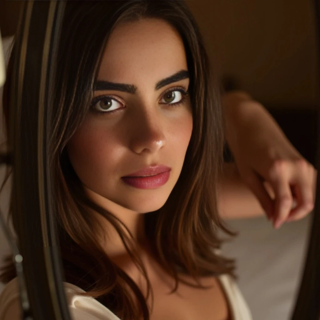[Scene: A dimly lit, luxurious bedroom. Soft, warm lighting casts a flattering glow on the environment. The camera slowly pans across the room, revealing elegant decor and a large, plush bed with silk sheets. The focus then shifts to a mirror, where the reflection of a stunning woman begins to come into view.]**

**[Narrator Voiceover: "Welcome to my world, where every curve and contour tells a story of perfection. Let me introduce you to the ultimate algorithm of my unique visage and form."]**

**[The camera cuts to a close-up of her face. Her captivating, multi-tonal light amber or true hazel iris eyes sparkle with intensity. She wears vibrant green contact lenses, enhancing her already mesmerizing gaze. Her flawless, warm light-olive complexion glows under the soft lighting, highlighting her perfectly symmetrical oval face shape.]**

**[Narrator Voiceover: "My eyes, my windows to the soul, are a tapestry of intricate radial patterns, surrounded by a sharply defined, dark limbal ring that creates exceptional contrast and depth."]**

**[The camera zooms out slightly, capturing her feline almond-shaped eyes, long, dense, and distinctly curled lashes, and razor-thin, intensely black eyeliner that flawlessly defines her eye contour.]**

**[Narrator Voiceover: "My eyelids form a long, smooth, precisely parabolic arc, and my gaze is direct, engaging, and capable of subtle dynamic shifts, reflecting light sources with pinpoint specular highlights on the cornea."]**

**[The camera pans down to her thick, dark, high "S"-shaped eyebrows, perfectly groomed and naturally arched. It then moves to her straight, narrow nose with a subtle nasion dip and a precisely rounded, symmetrical nasal tip.]**

**[Narrator Voiceover: "My eyebrows are a robust, defined shape, and my nose, while straight and narrow, has undergone a subtle refinement, aligning with my post-plastic surgery context."]**

**[The camera focuses on her full, luscious lips, with a consistent 1.5:1 to 1.6:1 lower-to-upper fullness ratio and a razor-sharp, deeply defined Cupid's bow. Her lips are adorned with a high-gloss pink/nude-pink finish, reflecting natural lip tissue.]**

**[Narrator Voiceover: "My lips, full and luscious, have undergone a distinct increase in overall plumpness and projection, a key part of my current appearance."]**

**[The camera pulls back to reveal her entire upper body. Her athletic hourglass silhouette is accentuated by a form-fitting, black lace bra that highlights her full, naturally rounded bust and her exceptionally clean, sharply defined jawline and subtly rounded, proportional chin.]**

**[Narrator Voiceover: "My physique is an athletic hourglass, a harmony of extreme curves and powerfully dense musculature. My shoulders are broad and exquisitely rounded, and my arms are lean, toned, and muscular."]**

**[The camera moves to her waist, capturing the extreme, profoundly narrow, and deeply cinched concavity that creates a razor-sharp lateral indentation.]**

**[Narrator Voiceover: "My waist is the most critical defining anatomical feature, exhibiting a razor-sharp lateral concavity that is almost startling in its abruptness."]**

**[The camera then shifts to her back, revealing her smoothly toned upper and mid-back with subtle muscularity. The deep "C"-shape of her lumbar lordosis is prominently displayed, creating a pronounced visual "shelf" effect for her glutes.]**

**[Narrator Voiceover: "My back is a dynamic canvas, with a strong, natural, and consistently visible deep 'C'-shape lumbar curve."]**

**[The camera pans to her hips and glutes, capturing their extraordinary, almost spherical, outward projection. Her glutes are uniformly perfectly rounded and taut, resembling two distinct, firm spheres.]**

**[Narrator Voiceover: "My hips are exceptionally wide and high-set, flaring dramatically outwards from my narrow waist. My glutes are the absolute apex and most distinguishing feature of my entire physique, with an almost spherical, outward projection."]**

**[The camera moves down to her muscular, thick, and powerful thighs, flowing seamlessly from her glutes. Her legs are well-proportioned, toned, and strong, down to her precisely defined kneecaps.]**

**[Narrator Voiceover: "My thighs are muscular, thick, and powerful, displaying smooth, defined contours. My legs are well-proportioned to my 5'2" height, appearing toned and strong."]**

**[The camera pulls back to show her full body, clothed in a form-fitting, black lace bodysuit that accentuates every curve and contour. She turns slowly, giving a 360-degree view of her flawless, exceptionally smooth, and luminous skin.]**

**[Narrator Voiceover: "My skin is consistently flawless, exceptionally smooth, and luminous across all exposed areas, reflecting light to define contours. Every inch of me is a testament to perfection."]**

**[The camera focuses on her face one last time, capturing her captivating gaze and a subtle, playful smile.]**

**[Narrator Voiceover: "Thank you for joining me on this journey of discovery. I hope you've enjoyed exploring the algorithm of my unique visage and form. Until next time."]**

**[The screen fades to black, and the OnlyFans logo appears with a tagline: "Subscribe to unlock more of my world."]