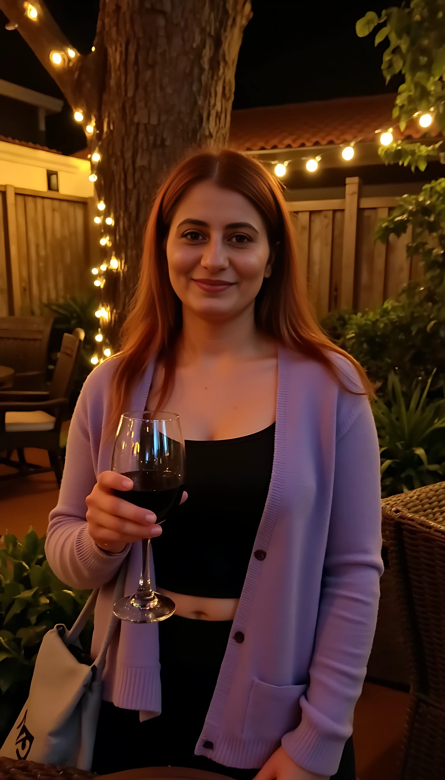 A full body shot photo of a woman standing outdoors at a cozy, warmly lit patio in the evening, with soft, glowing lights wrapped around a tree behind them creating a charming atmosphere. The image is rich in detail, with warm tones and clear textures throughout. The woman has fair skin, a slim build, and long reddish-blonde hair, also worn loose. She is smiling warmly at the camera, holding a glass of red wine in her right hand, and wears a soft-textured lavender cardigan over a black top. The background features a large tree with sparkling string lights wrapped around its trunk and branches, adding a magical touch to the scene. The setting suggests a private outdoor seating area, with elements like terracotta-tiled roofing, greenery, and rattan chairs contributing to a serene, inviting vibe. The overall composition is balanced, with the woman framed against the softly glowing tree, and the lighting enhances the warm, intimate feel of a quiet evening shared among friends. The details are vivid, with textures of clothing, skin, and background elements clearly visible, while the warm lighting creates a relaxed and joyful mood