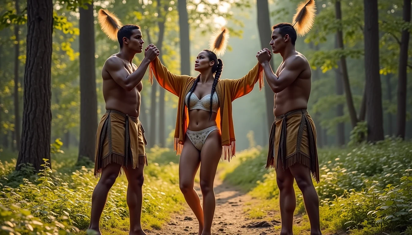 photo of woman CSTMDL, a selfie photo of, a slim woman, her full body is in the scene, she has a slender petite build with petite small boobs and a flat chest, she has small dark skin nipples with long pointy nipple ducts and small dark skinned areolas, her hair is styled with two long braids she has eagle plumes in her hair, she is not wearing earrings, she is wearing daisy duke denim booty shorts, she is wearing a native American style vest in a golden yellow color over top of her underwear, she is holding her vest open exposing her strapless bra, her bra is a strapless white lace bra, she is wearing white lace panties, she is wearing ankle height smoked hide moccasins, natural lighting, natural light, amateur photography, shot on an iPhone, she is spread out like a starfish by two native American giants with her legs spread wide apart in a densely wooded forest, she is maintaining intense eye contact with the camera, two fat giant native American man standing up directly on either side of her holding onto her by her wrists and ankles, the men are holding her up suspended in the air between them, the men are real giants, public setting, Hyper realism, 16k, uhd, ultra-sharp focus, perfect meshes and textures, highly detailed, highly accurate reflections, natural lighting, natural light, amateur photography,