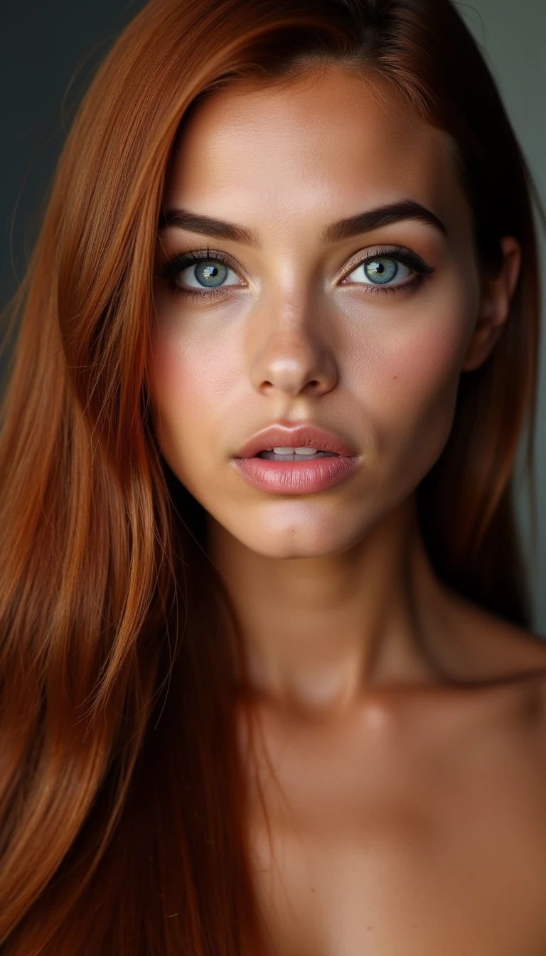 “Close-up portrait of a fictional young woman with an oval face shape, slim and elongated jawline, smooth contours. Head turned slightly to the side, giving a soft three-quarter angle view. Very long straight dark red hair with a clean center part, sleek and shiny, falling over shoulders. Baby-blue almond-shaped eyes, medium-sized, slightly sultry expression, emphasized with dark eyeliner and long lashes. Well-groomed dark brows with a gentle natural arch. Straight narrow nose with a softly rounded tip. Full symmetrical lips, plump and defined, matte natural nude-pink tone. High cheekbones, smooth and clear tan skin with a natural glow, flawless complexion. Confident neutral expression, slightly pouty lips, subtle elegance and allure. High-resolution, realistic face, professional beauty retouch, cinematic daylight.”