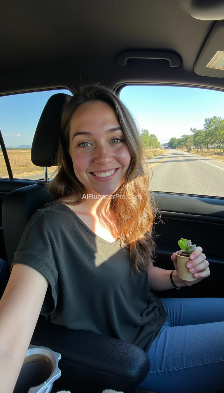 boring low quality snapchat photo circa 2015, A young woman with a warm smile, sitting in the driver's seat of a cozy car. She has soft, wavy brown hair cascading past her shoulders. The sunlight streams through the window, casting a gentle glow on her face. The interior of the car is neat and comfortable, with a coffee cup in the cup holder and a small plant on the dashboard. The background outside the window shows a scenic road lined with trees and blue skies