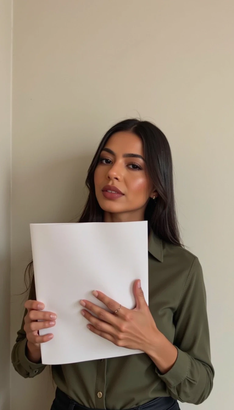 photo of woman CSTMDL, holding a piece of white paper, wall background, natural lighting, boring low quality snapchat photo circa 2015, selfie, cute woman, long sleeve clothes, full upper body photo