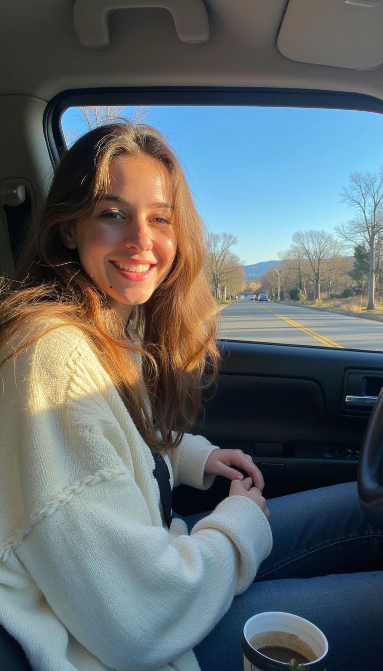 boring low quality snapchat photo circa 2015, A young woman with a warm smile, sitting in the driver's seat of a cozy car. She has soft, wavy brown hair cascading past her shoulders. The sunlight streams through the window, casting a gentle glow on her face. The interior of the car is neat and comfortable, with a coffee cup in the cup holder and a small plant on the dashboard. The background outside the window shows a scenic road lined with trees and blue skies