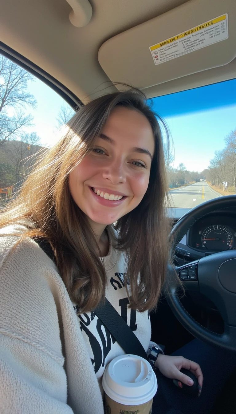 boring low quality snapchat photo circa 2015, A young woman with a warm smile, sitting in the driver's seat of a cozy car. She has soft, wavy brown hair cascading past her shoulders. The sunlight streams through the window, casting a gentle glow on her face. The interior of the car is neat and comfortable, with a coffee cup in the cup holder and a small plant on the dashboard. The background outside the window shows a scenic road lined with trees and blue skies