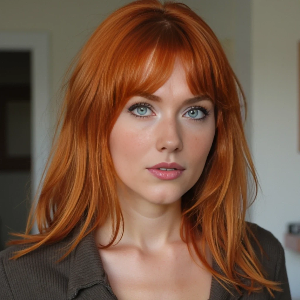 natural Red-hair, green eyes, average breasts, slim body, big ass, Tall
