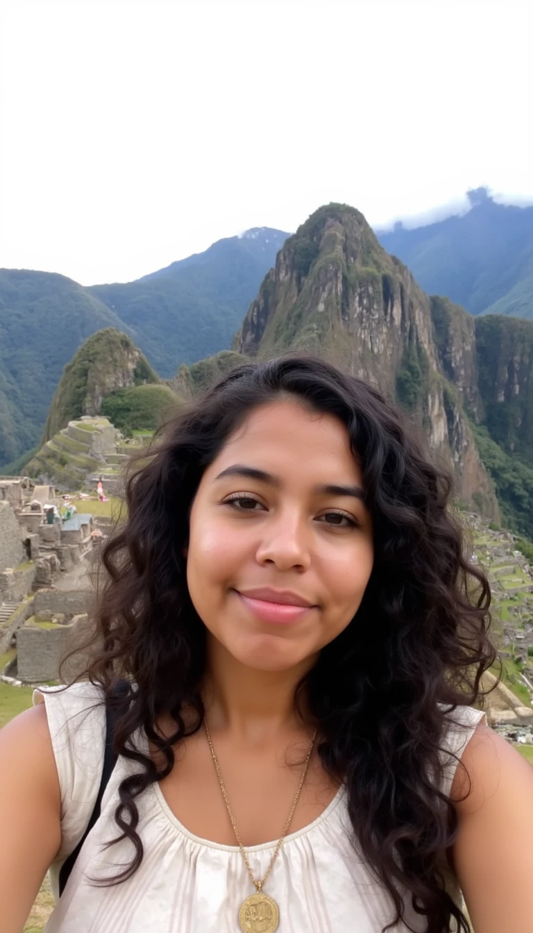 boring low quality snapchat photo circa 2015, cute mexican woman, soft light black curly hair, with big lips selfie. She is in front of machu pichu on tourism