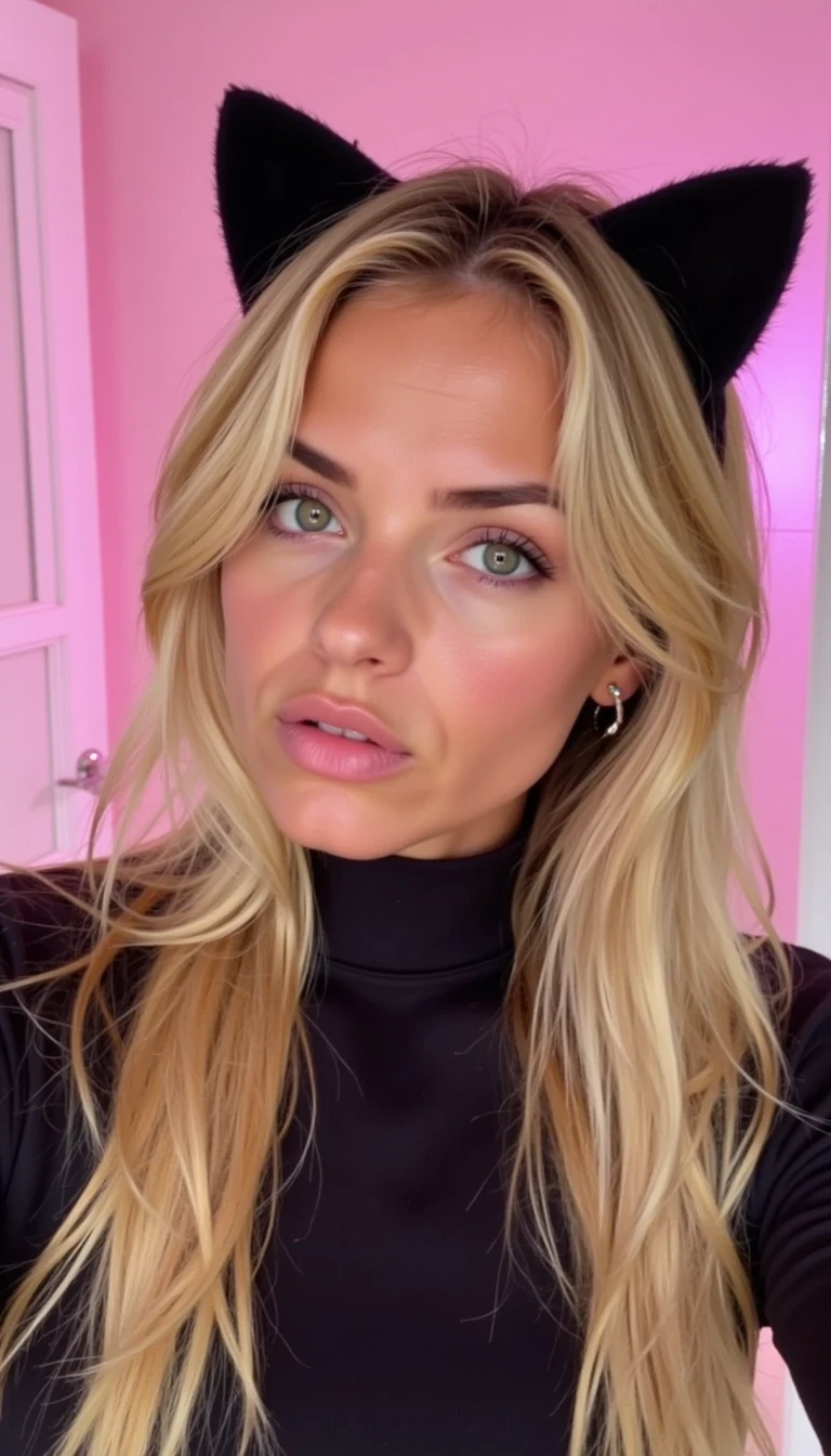 CSTMDL, blonde hair, cat-ear headband, black bodysuit, low quality snapchat style mirror selfie, playful wink, green eyes, soft pink room light