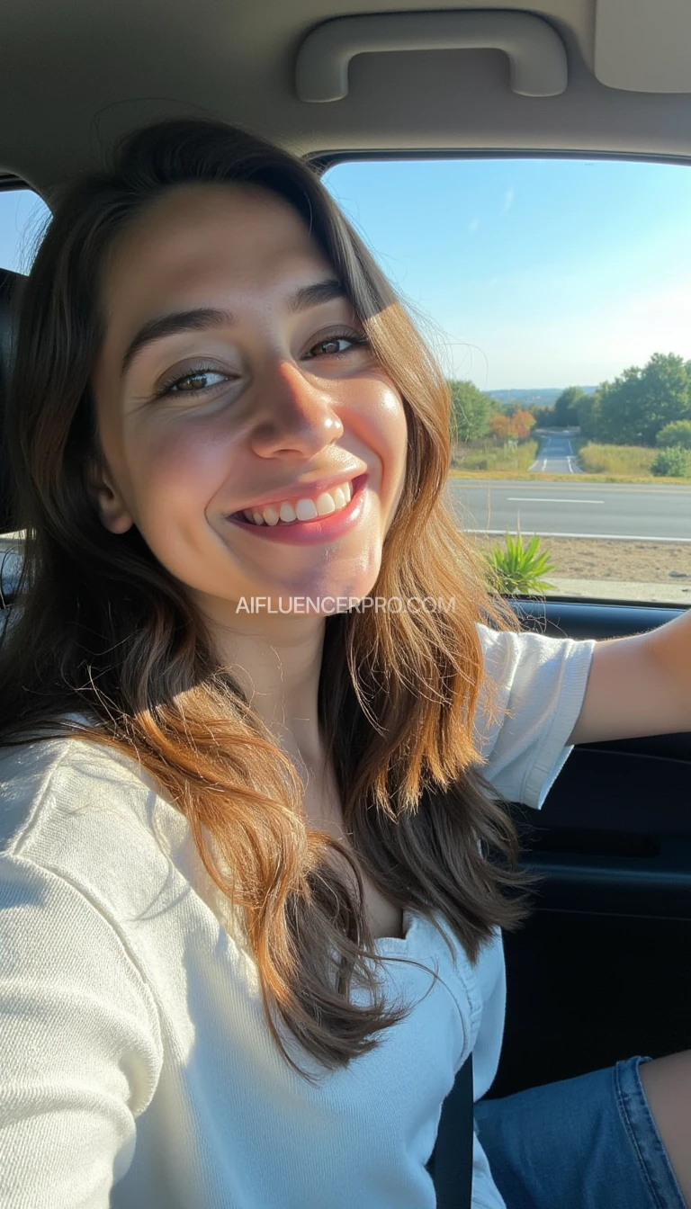 boring low quality snapchat photo circa 2015, A young woman with a warm smile, sitting in the driver's seat of a cozy car. She has soft, wavy brown hair cascading past her shoulders. The sunlight streams through the window, casting a gentle glow on her face. The interior of the car is neat and comfortable, with a coffee cup in the cup holder and a small plant on the dashboard. The background outside the window shows a scenic road lined with trees and blue skies