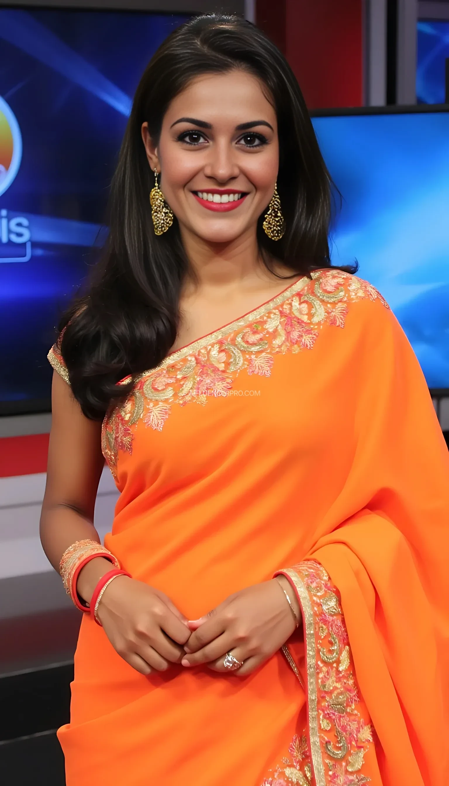 Photograph of a smiling news anchor girl in an orange sari with intricate embroidery, his face is glowing, wearing gold earrings. Background is a news studio.