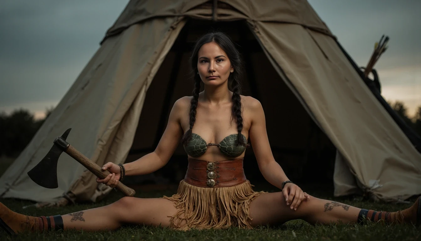 Medium shot photo of a beautiful 25-year-old slim athletic Native American woman warrior with small petite A cup breasts, wearing native American Regalia, posing stoically in front of a round native American plains style tipi. Set under dim natural sunrise light. The sun has barely begun to peek over the horizon. The image has a dull color palette, with the greenery of the ground around the tipi being dark green and browns cast with shadows and dull gray sky meets the sunrise on the horizon enhancing the moody atmosphere. The woman, who is Native American in appearance, has a slim athletic build and petite tiny breasts. She is wearing a traditional smoked hide native American Regalia outfit, it consists of two real turtle shells in a dark green palette, a turtle shell fitted over each breast and strung together to turn them both into a bra. They look rigid and tough like snapping turtle shells. A smoked hide leather panties, it is golden smoked hide brown in color. She is wearing heavy leather vambraces on her forearms and leather wraps around her shins. She is wearing a thick wide leather kidney belt with circle brass plates riveted around it's exterior from which a long fringe breechcloth cut to an arrow point in the center on the front and back is fitted to. It drapes loosely overtop of her panties and down past her knees in length. It sways downward. You can still see her entire turtle shell bra and leather panties. She is wearing smoked hide moccasins on her feet. Her hair is Native American styled with 2 long braids. She is a fierce sight, a confident capable warrior. She weilds a steel tomahawk in her right hand. There is a bundle of arrows in a smoked hide quiver on her back. She sits on the ground in front of the tipi with her legs spread apart towards the camera. You can see you can see her panties under her long fringe breechcloth. The woman is looking directly at the camera stoically without any other expression. She has red warpaint streaked in one straight line along her cheekbones. There is no explicit nudity visible. Cinematic shooting style. Romantic setting