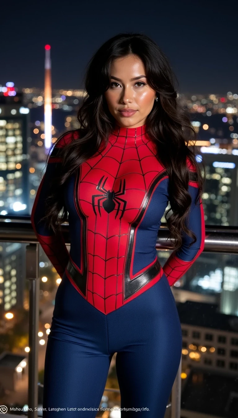 Lalilu wearing a tight, high-quality Spider-Man cosplay suit, standing on a high balcony at night with a glowing city skyline in the background. The suit is red and blue with detailed web patterns, perfectly fitted and shiny with realistic fabric texture. She has long black hair flowing down naturally, Urban night photography, cinematic lighting, ultra realistic cosplay photoshoot, full-body portrait. Doing a peace 
