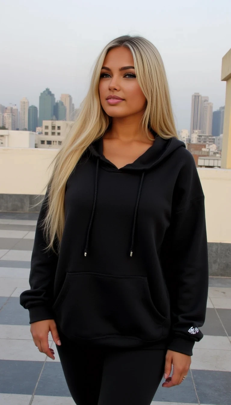She has a tanned, sun-kissed complexion that complements her long, blonde hair. Her figure is fit and curvy, with a toned, hourglass shape. Her upper body features a full bust, balanced by a narrow waist that accentuates her feminine silhouette. Her abdomen is flat and defined, showing signs of regular fitness or active lifestyle. Below the waist, she has well-shaped hips and a prominent, toned bum, suggesting strength and athleticism. Her posture is confident yet natural, enhancing her striking pose selfie wearing blakley oversized hoodie and leggings photo on roof top bar Dubai in background 
