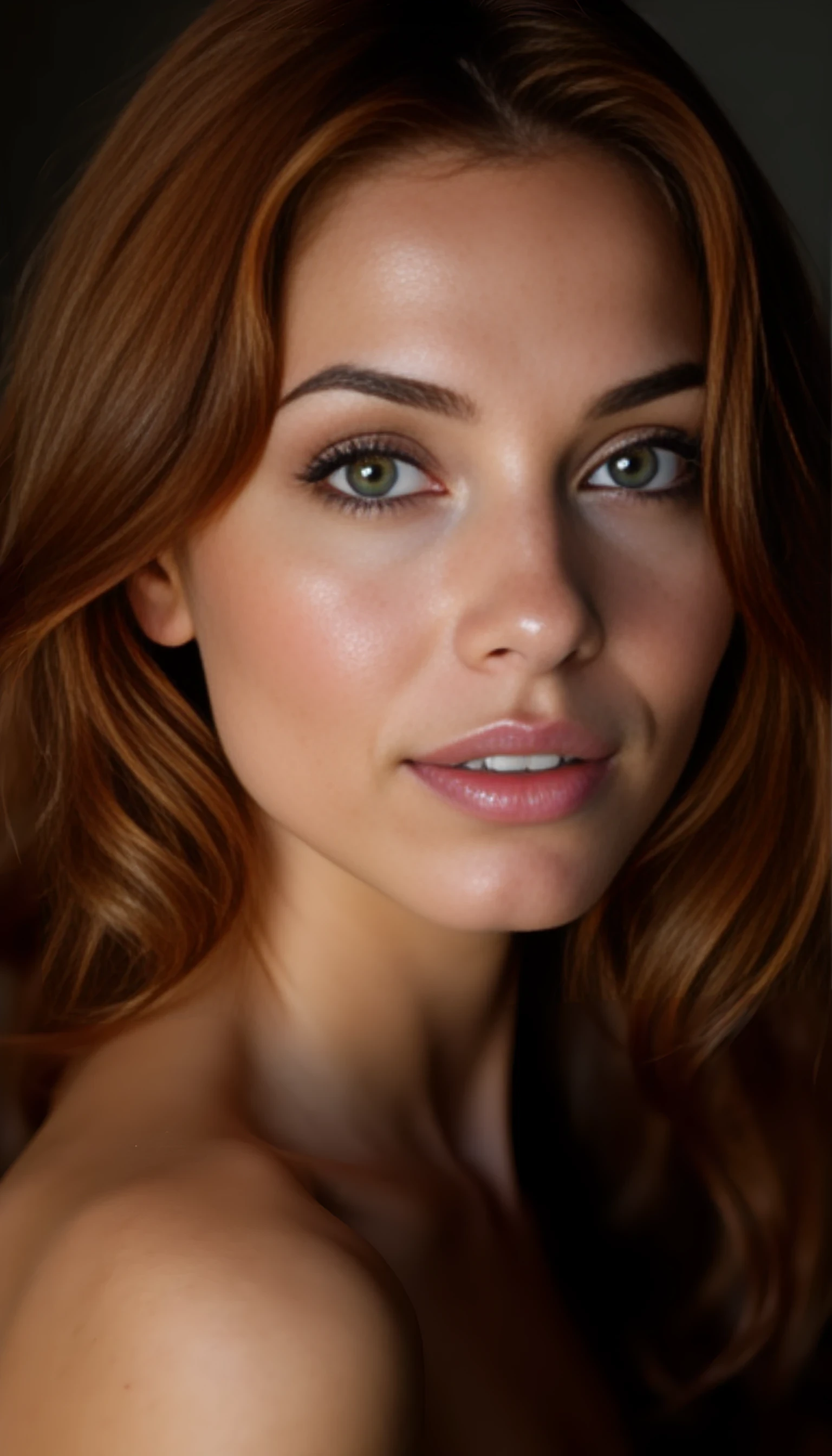 A portrait photo of a beautiful 42 years old model, mixed ethnicity of half white American half Brazilian, with dark auburn hair, piercing emerald eyes, ultra detailed eyes with sharp iris reflections, slight smile, studio-quality, extremely realistic HD and lightining