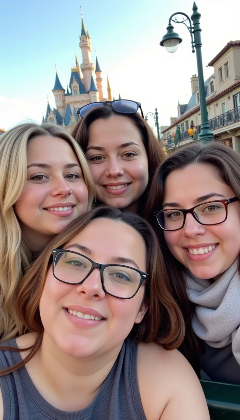 CSTMDL A medium shot photo of three people and two women posing happily in front of Disneyland Anaheim bright natural light. The woman, who appears to be Caucasian with an older appearance, has a medium build and light skin with a slight tan. She wears glasses, 