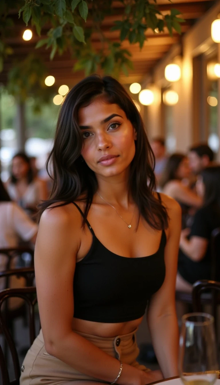 IMG_3446.HEIC CSTMDL woman sitting at an outdoor café in the city during golden hour, surrounded by warm string lights and a softly blurred evening crowd. She’s wearing a fitted black camisole top and a short tan mini skirt, with subtle gold jewelry and a small nose pin. The camera is positioned farther back, showing her full figure seated at the table, glass of wine on the table in front of her, and the warm golden light reflecting off nearby windows. Natural iPhone-style photo, cinematic depth, soft warm tones, candid and realistic atmosphere.  