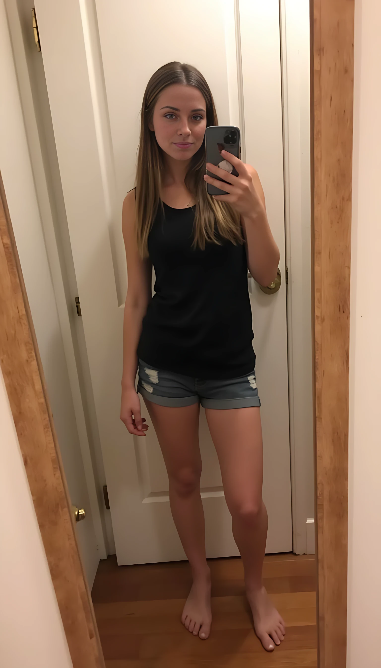 score_9, boring low quality snapchat photo circa 2015, 1girl, solo, long hair, light brown hair, shirt, original, holding, standing, barefoot, shorts, sleeveless, indoors, hand up, short shorts, bare arms, bare legs, black shirt, phone, cellphone, feet, smartphone, legs together, holding phone, mirror, denim shorts, door, photo (medium), selfie, taking picture
