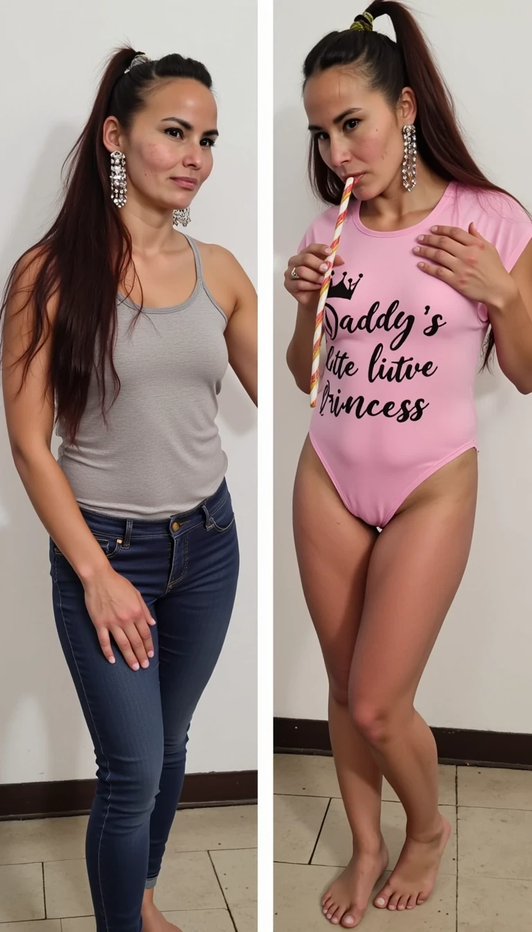 Side by side two pictures of CSTMDL a slim 35-year-old native American woman, she poses seductively for the camera, she maintains intense eye contact with the camera at all times, in the first picture on the left she is wearing a casual t-shirt and tight jeans with long braided hair, in the second picture on the right she is a 35-year-old native American woman with cute pigtails, she is wearing a very tight form fitted pink onesie with text on the front that reads "daddy's little princess", she is sucking on a very thick candycane, realistic, 