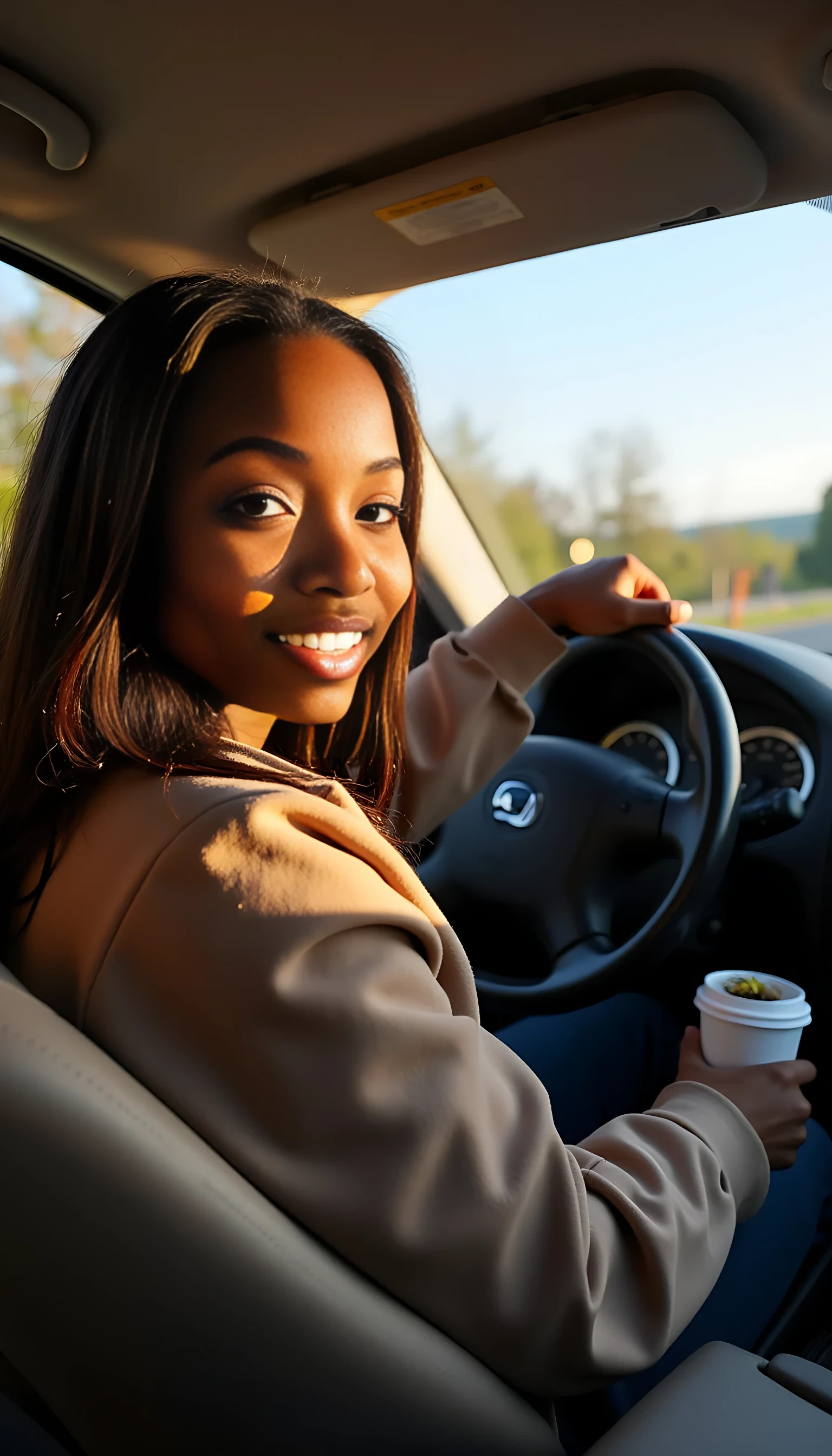 a ebony Kenyan woman with a warm smile, sitting in the driver's seat of a cozy car. She has soft, wavy brown hair cascading past her shoulders. The sunlight streams through the window, casting a gentle glow on her face. The interior of the car is neat and comfortable, with a coffee cup in the cup holder and a small plant on the dashboard. The background outside the window shows a scenic road lined with trees and blue skies, black brads hair 