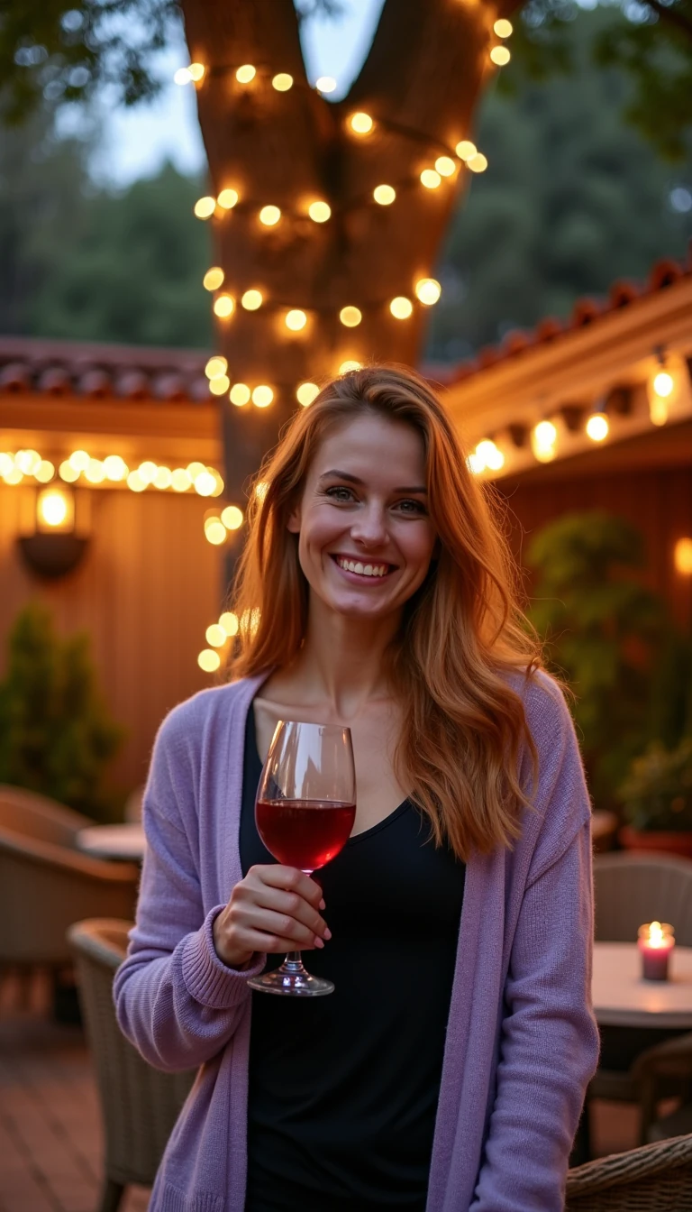 A full body shot photo of a woman standing outdoors at a cozy, warmly lit patio in the evening, with soft, glowing lights wrapped around a tree behind them creating a charming atmosphere. The image is rich in detail, with warm tones and clear textures throughout. The woman has fair skin, a slim build, and long reddish-blonde hair, also worn loose. She is smiling warmly at the camera, holding a glass of red wine in her right hand, and wears a soft-textured lavender cardigan over a black top. The background features a large tree with sparkling string lights wrapped around its trunk and branches, adding a magical touch to the scene. The setting suggests a private outdoor seating area, with elements like terracotta-tiled roofing, greenery, and rattan chairs contributing to a serene, inviting vibe. The overall composition is balanced, with the woman framed against the softly glowing tree, and the lighting enhances the warm, intimate feel of a quiet evening shared among friends. The details are vivid, with textures of clothing, skin, and background elements clearly visible, while the warm lighting creates a relaxed and joyful mood