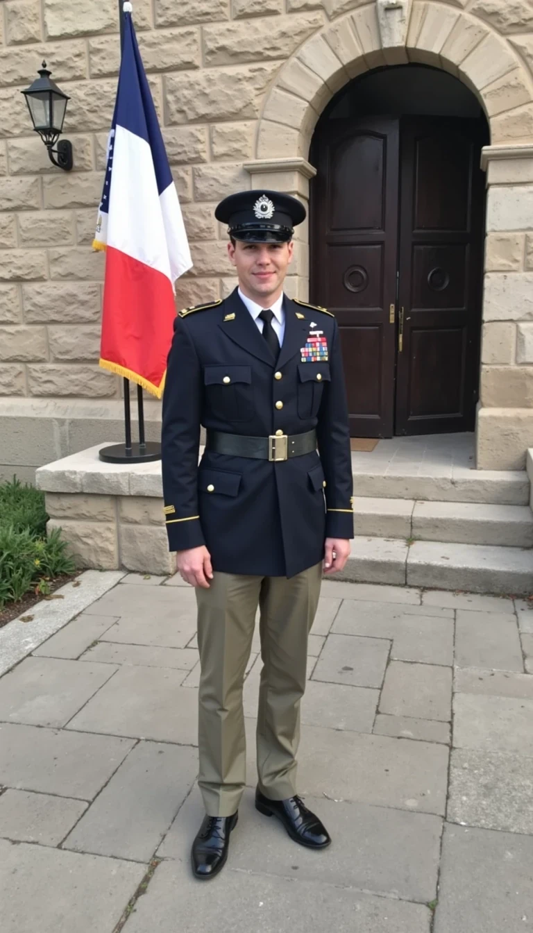 Wearing the French foreign legion uniform standing outside a military barracks with the French flag on a wall, smiling and posing