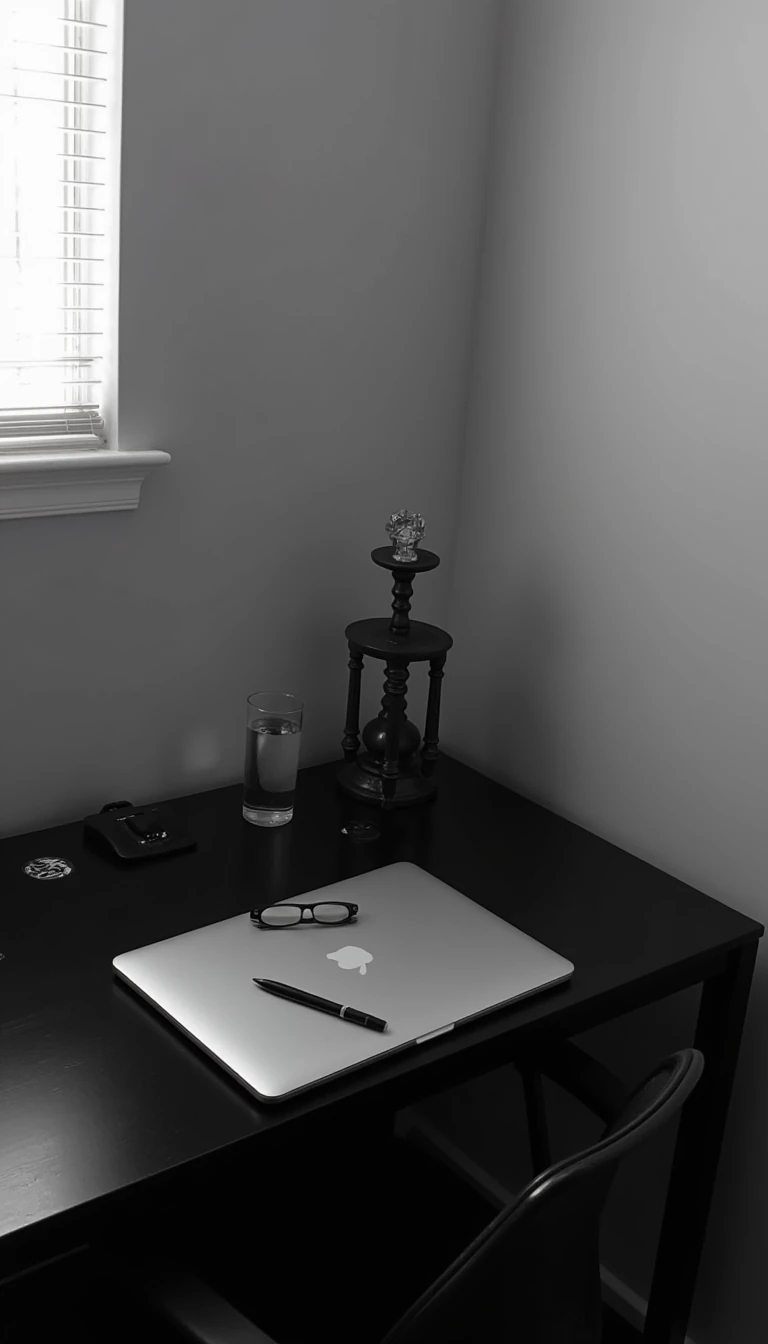 boring low quality snapchat photo circa 2015, this picture is being taken of a black desk in the corner of a room touching the grey walls to the right of the desk and behind the desk. The desk has an all black pen, a macbook air, a dildo and a glass of water on it. 