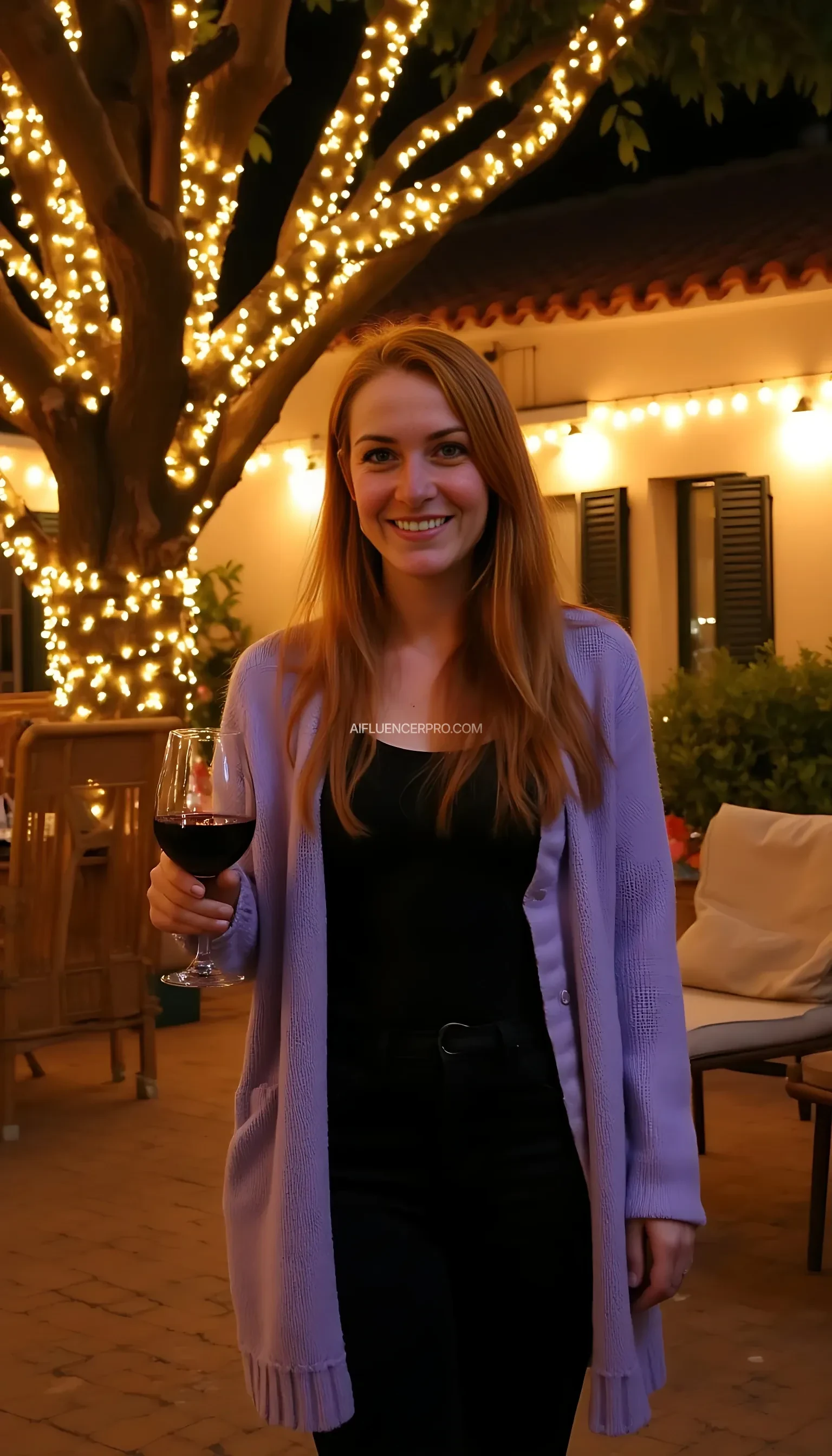 A full body shot photo of a woman standing outdoors at a cozy, warmly lit patio in the evening, with soft, glowing lights wrapped around a tree behind them creating a charming atmosphere. The image is rich in detail, with warm tones and clear textures throughout. The woman has fair skin, a slim build, and long reddish-blonde hair, also worn loose. She is smiling warmly at the camera, holding a glass of red wine in her right hand, and wears a soft-textured lavender cardigan over a black top. The background features a large tree with sparkling string lights wrapped around its trunk and branches, adding a magical touch to the scene. The setting suggests a private outdoor seating area, with elements like terracotta-tiled roofing, greenery, and rattan chairs contributing to a serene, inviting vibe. The overall composition is balanced, with the woman framed against the softly glowing tree, and the lighting enhances the warm, intimate feel of a quiet evening shared among friends. The details are vivid, with textures of clothing, skin, and background elements clearly visible, while the warm lighting creates a relaxed and joyful mood