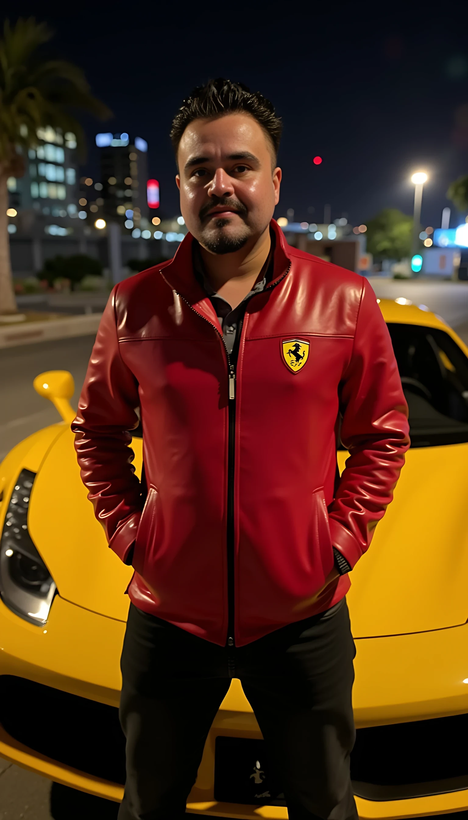 CSTMDL man average body  standing wearing red leather jacket with a Ferrari logo in front of a yellow Ferrari with city lights in the background 
