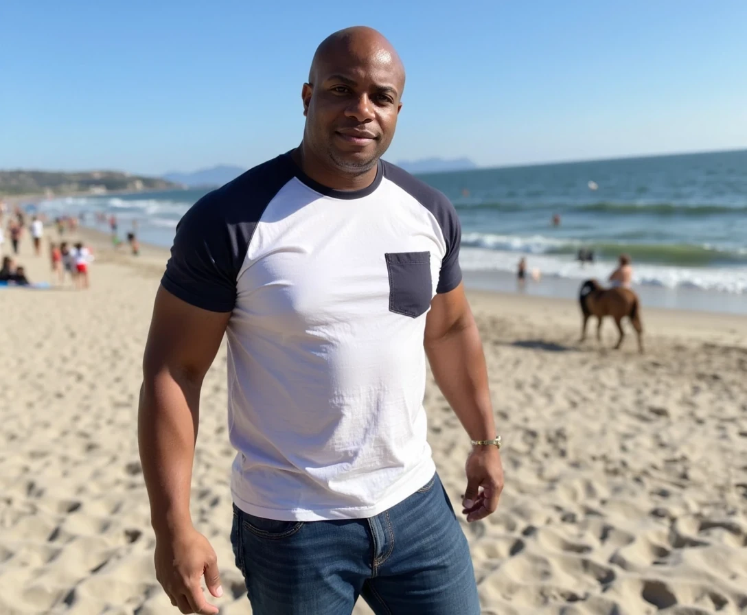 Beach party , t shirt and jeans,  same face of Carter with bald head, lean look, cstmdl