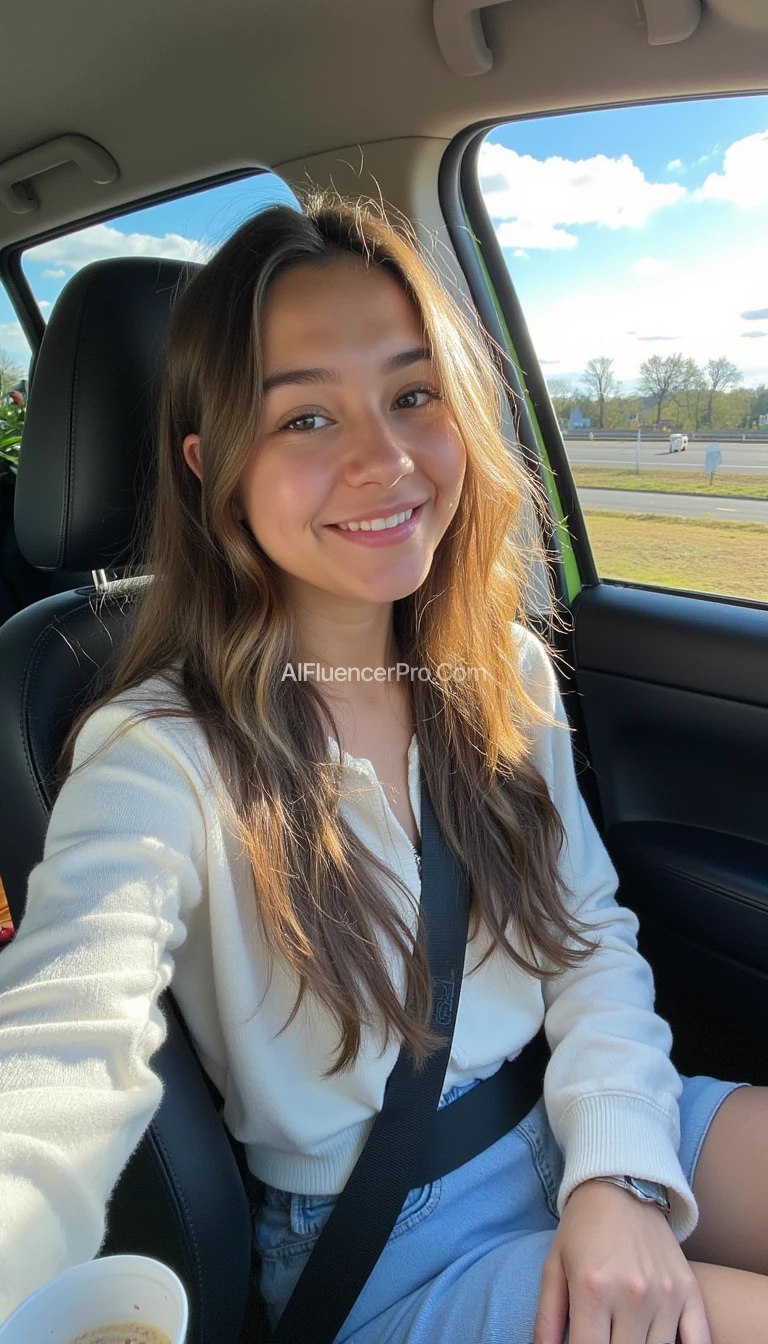 Brazilian trait Low-quality Snapchat boring photo Circa 2015, a young woman with a warm smile, sitting in the driver's seat of a cozy car. She has soft, wavy brown hair cascading down her shoulders. Sunlight pours in through the window, casting a soft glow on his face. The interior of the car is clean and comfortable, with a cup of coffee in the cup holder and a small plant on the dashboard. The background outside the window shows a scenic road flanked by trees and blue skies