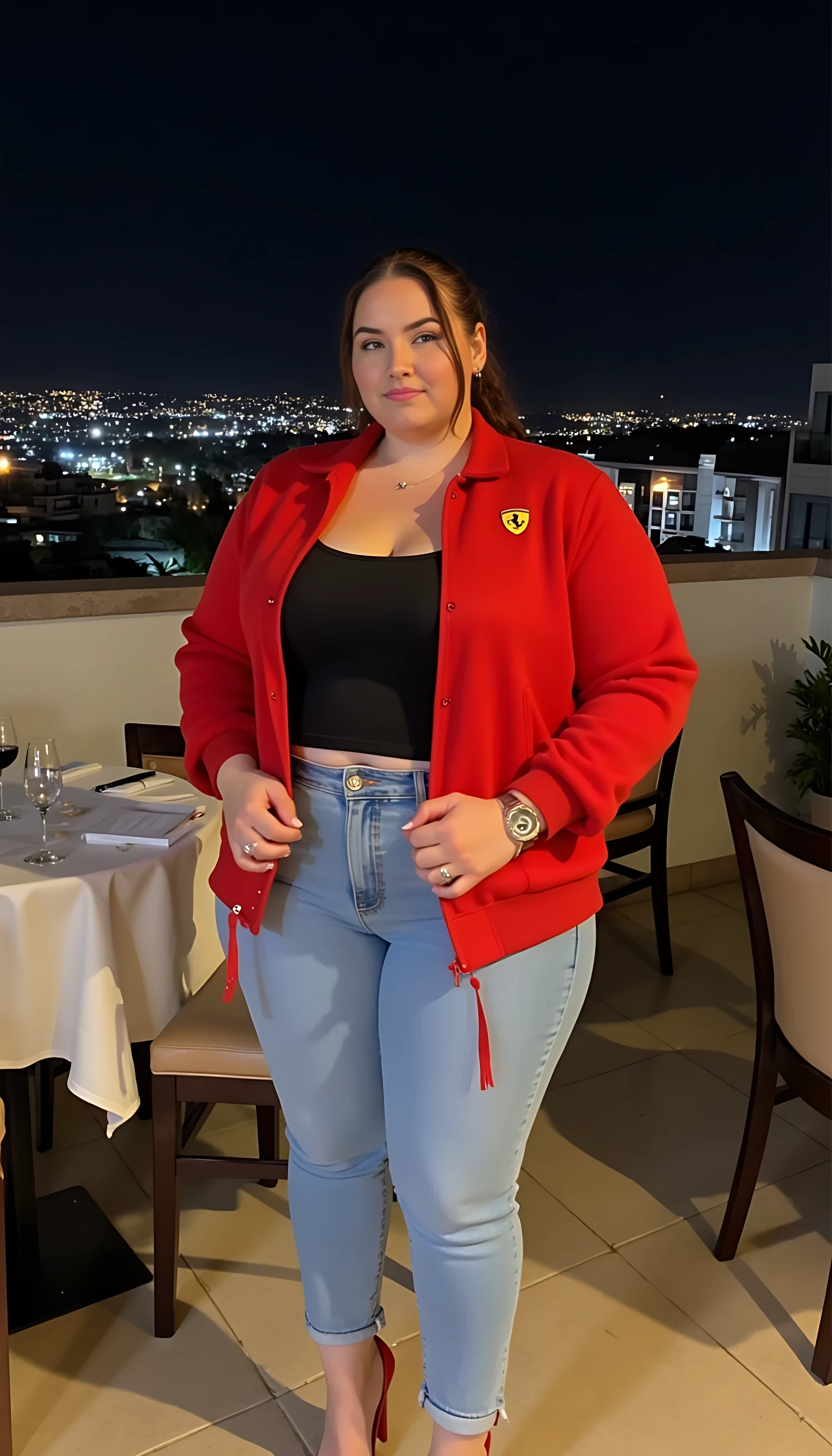  CSTMDL women curby body  blue eyes wearing light blue jeans and  red Ferrari jacket and Black undershirt red high heels wearing a rolex watch standing  smiling on a nice rooftop restaurant  with a glass of wine  night light background 