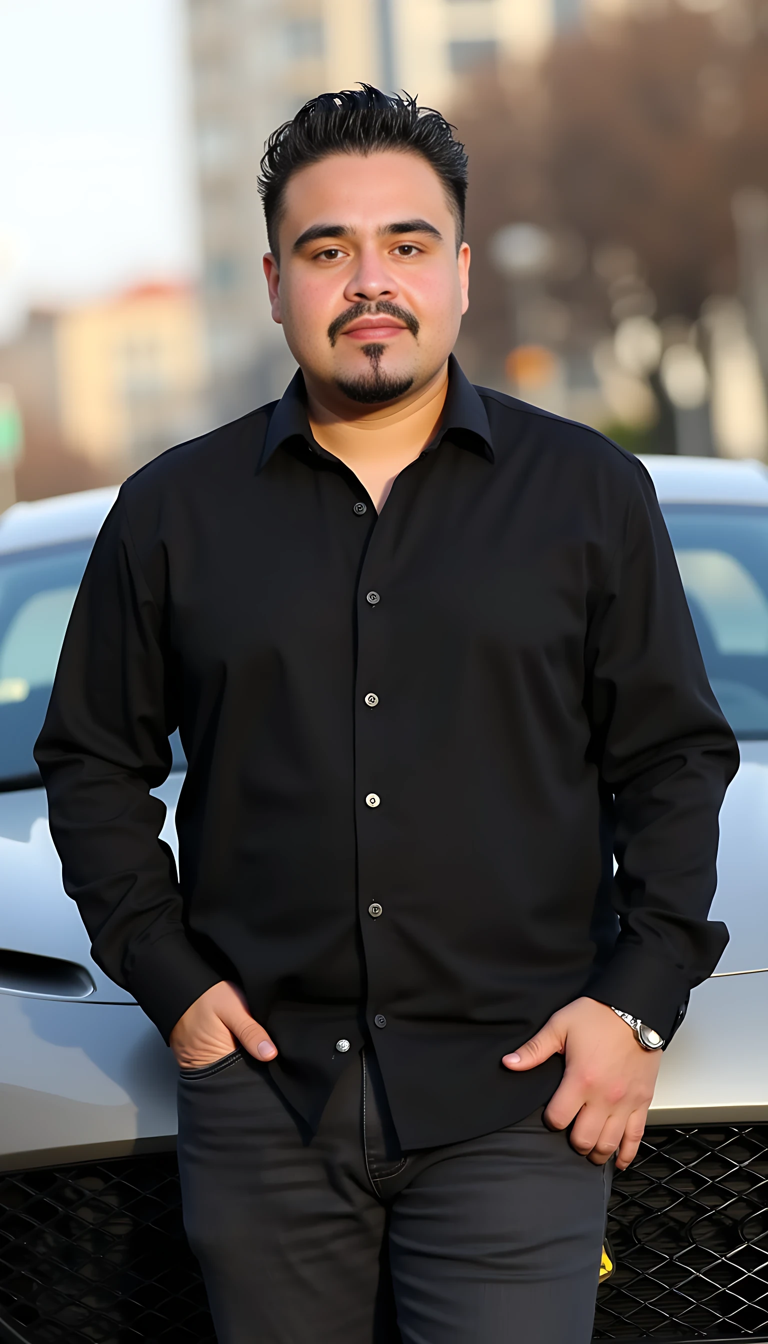 full man average body  wearing a  black dress shirt posing on a Ferrari car in a city day light background 
