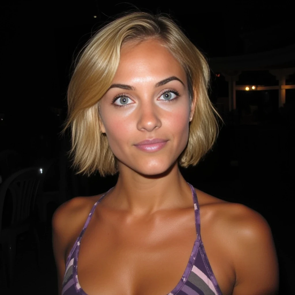 low quality snap with no filters using a phone Portraits of a young woman in her late twenties with short blonde wavy hair and green eyes. Athletic, toned and tanned. Taken from the point of view from a friend when on a night out. 